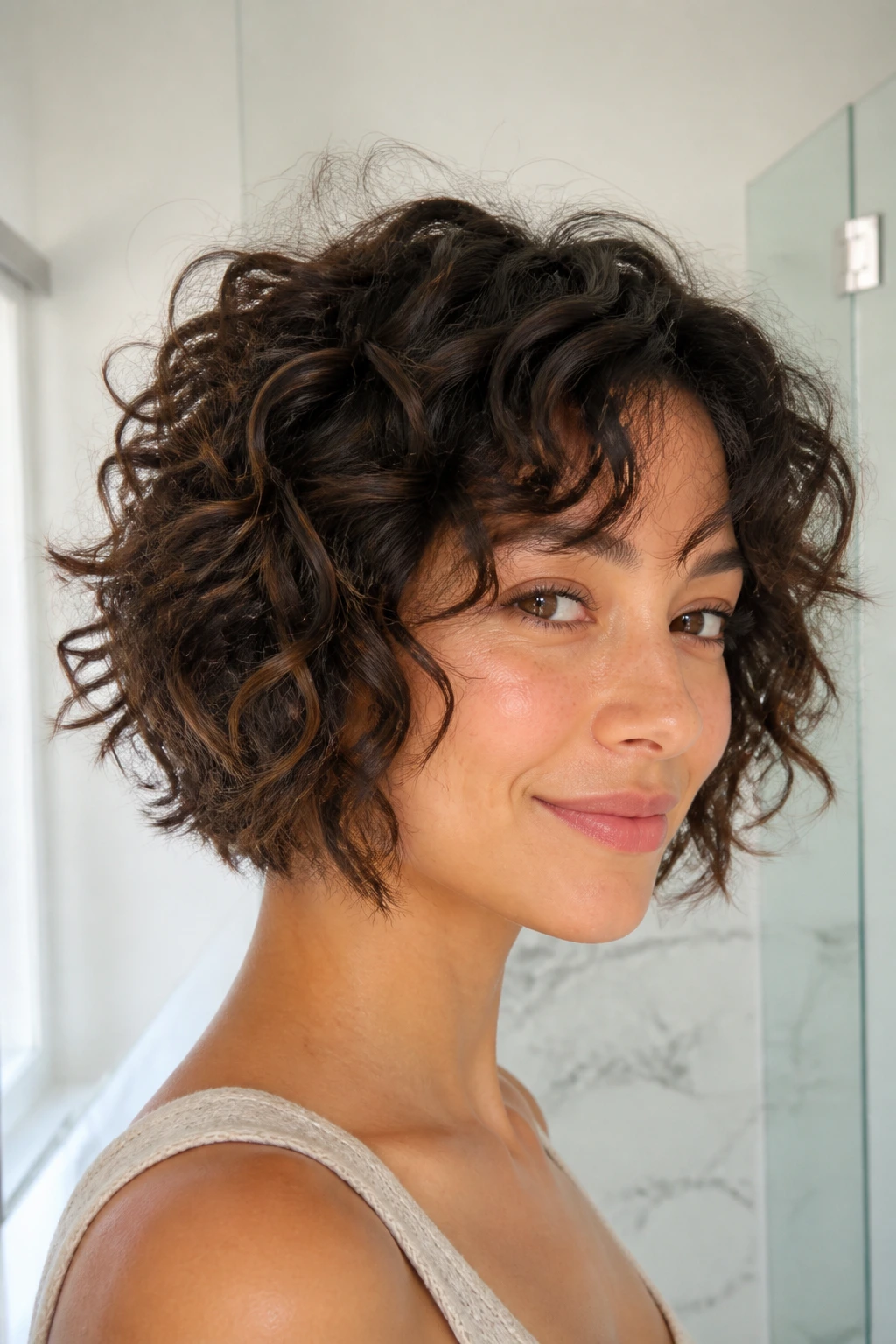Close-up portrait of a real woman with a curly choppy bob that sits at chin length when dry and shows curl texture.