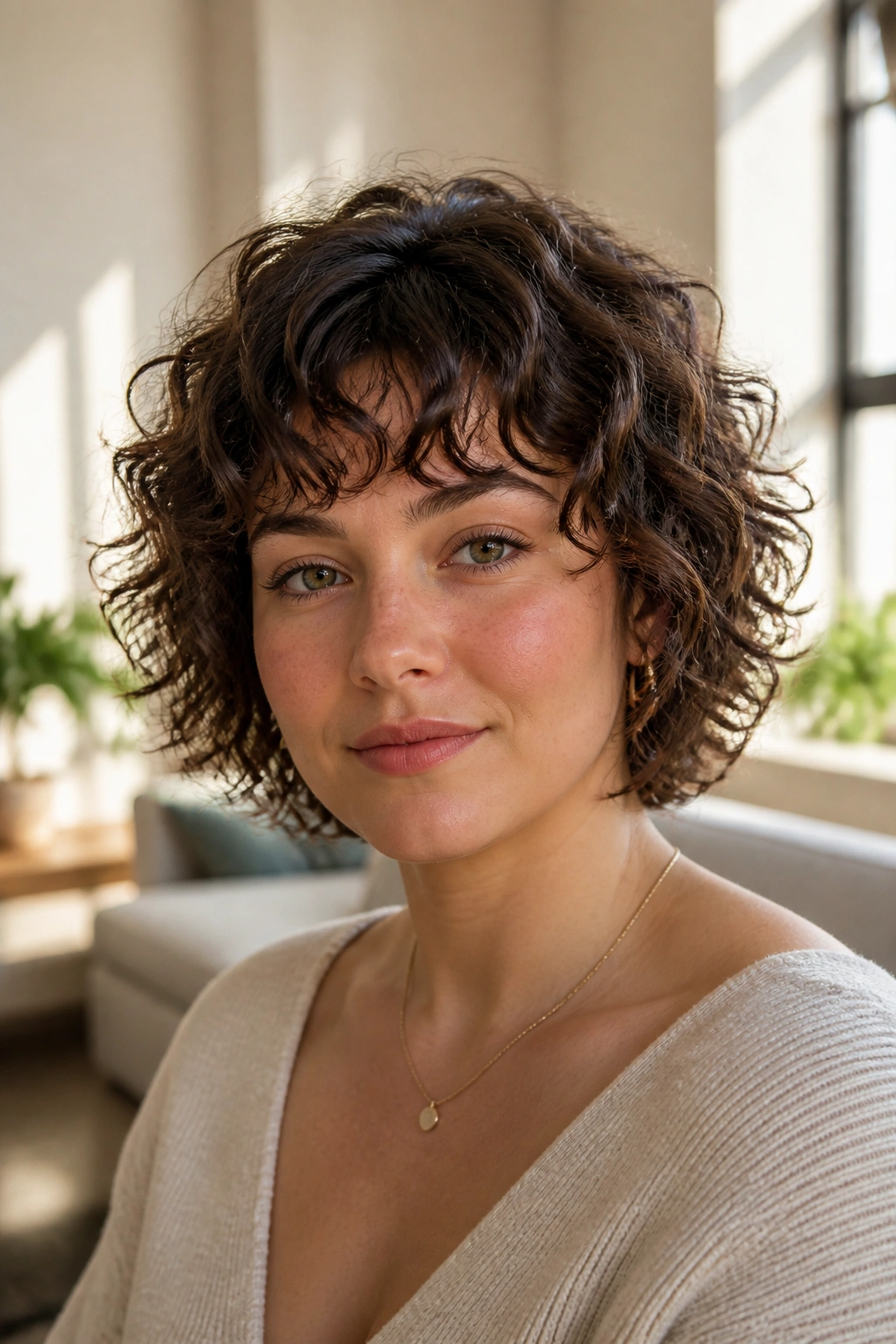 Portrait of a real woman with a curly bob featuring choppy interior layers and crown lift.