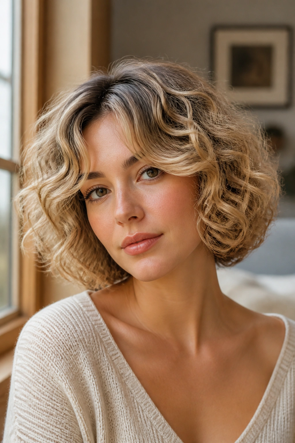 Close-up of a real woman with curtain bangs and root shadow in a curly bob.