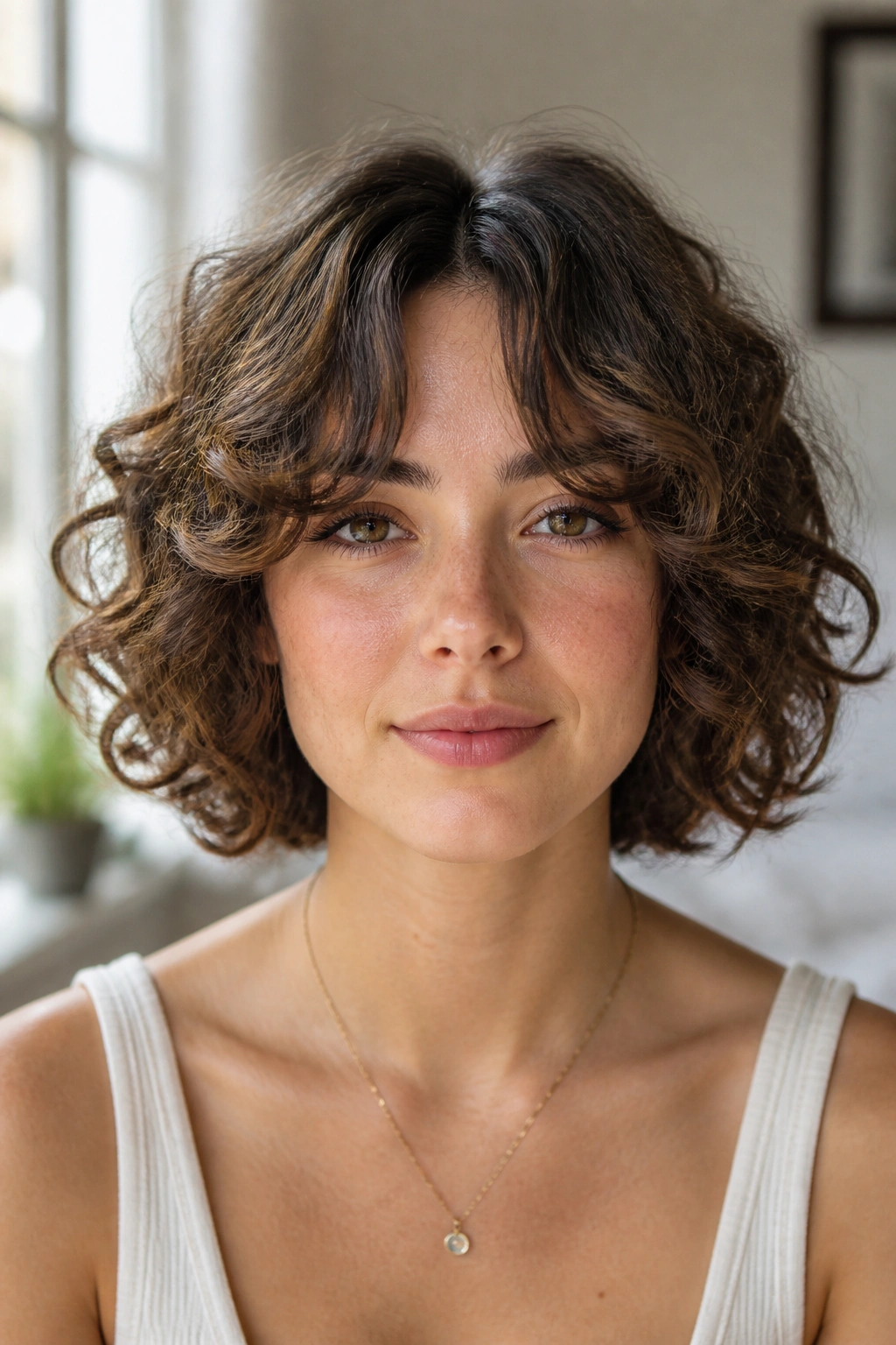 Close-up of a woman with curtain bangs and curly bob in natural window light