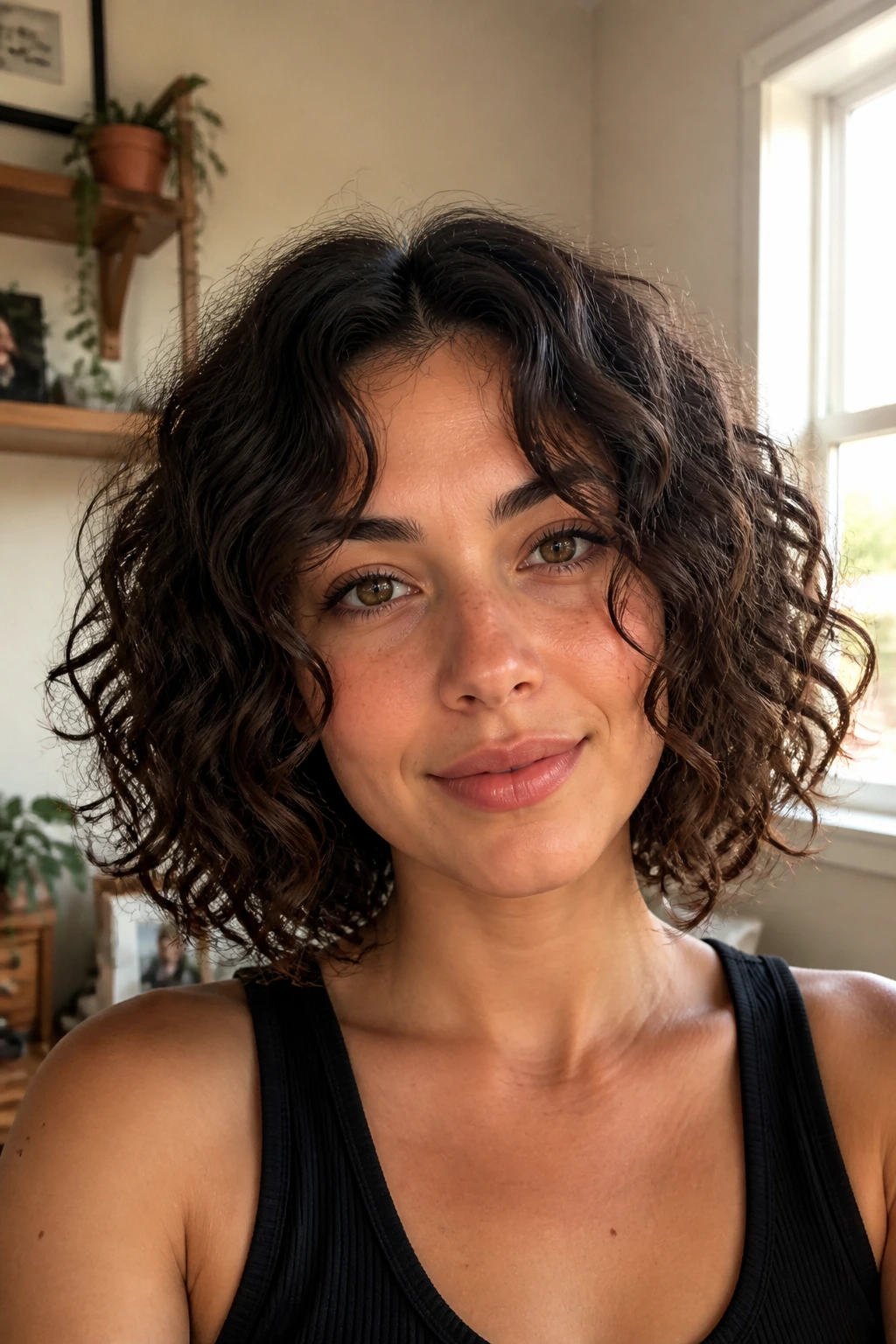 Portrait of a real woman with curly bob and curtain bangs