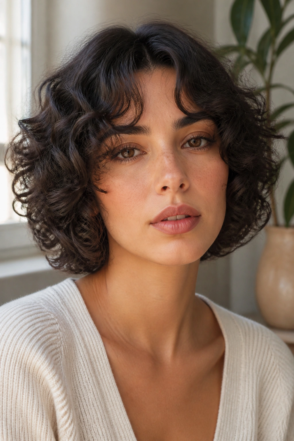 Close-up of curly bob with curtain bangs near eyes in soft window light