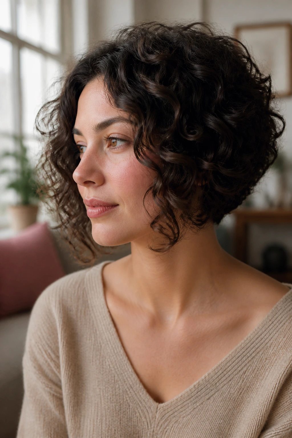 Close-up portrait of a real woman with curly graduated bob and diffused volume