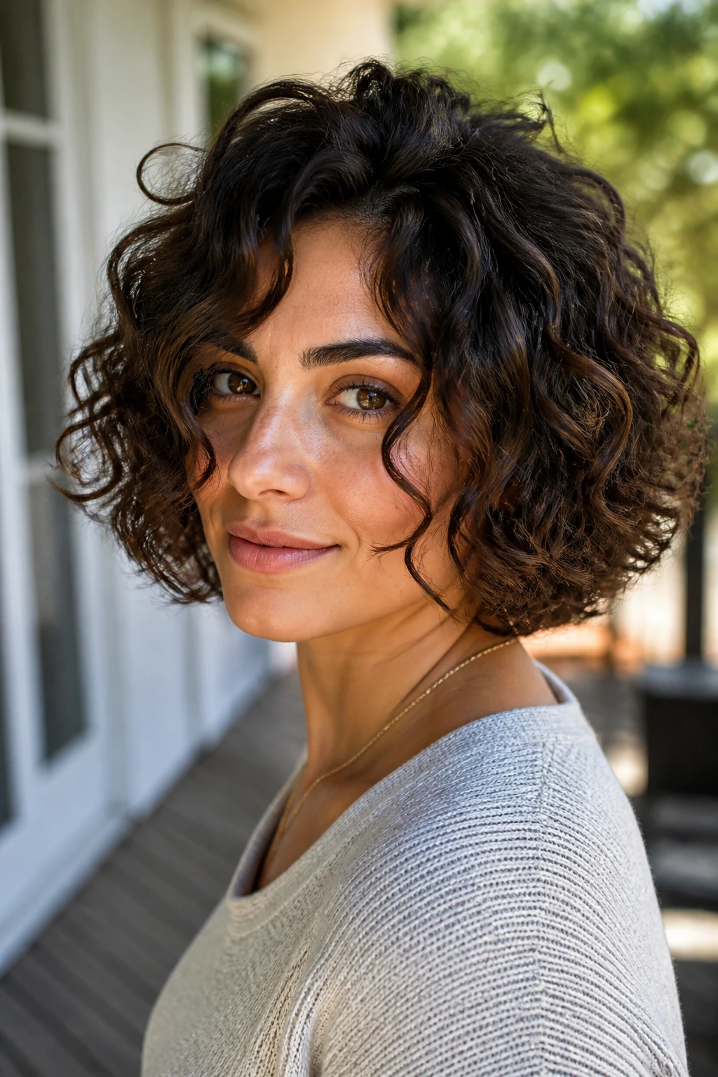 Close-up of a real woman with a curly bob cut on dry hair.