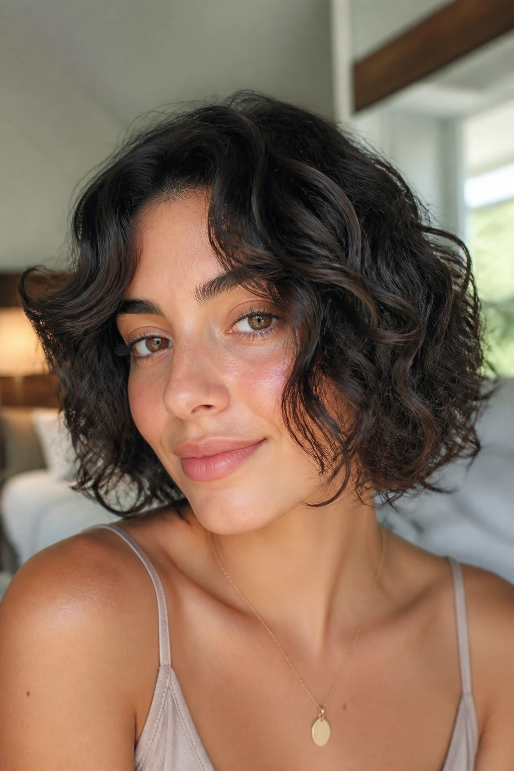 Close-up of a real woman with curly bob and face-framing layers