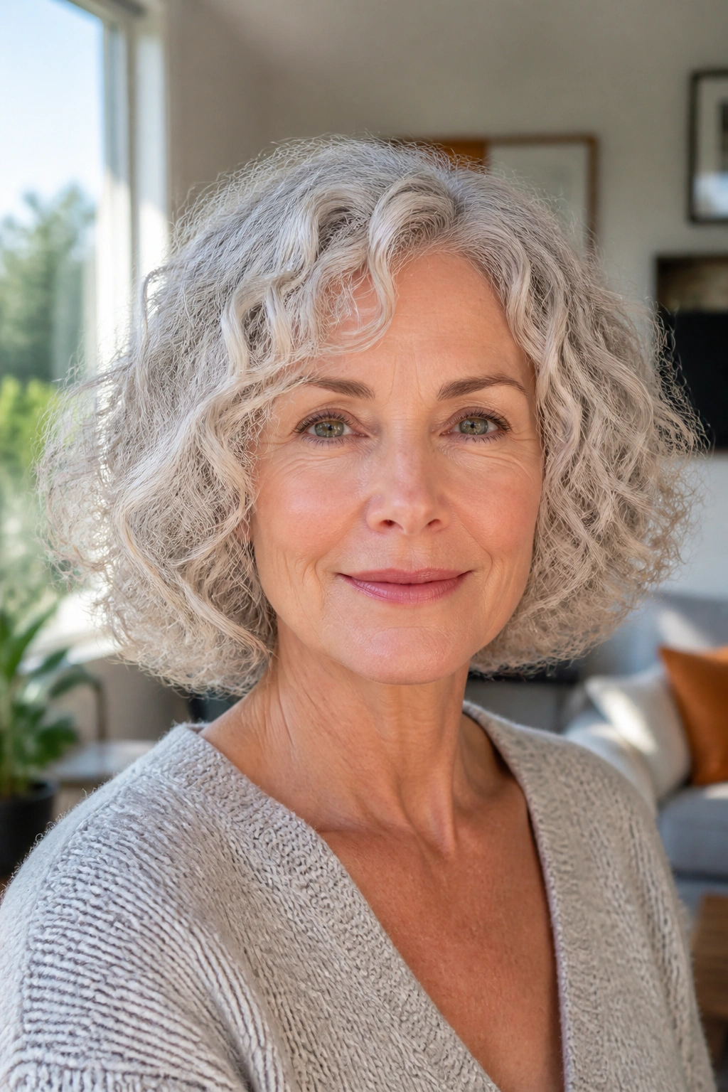 Front portrait of a real woman with a curly-friendly bob and soft perimeter