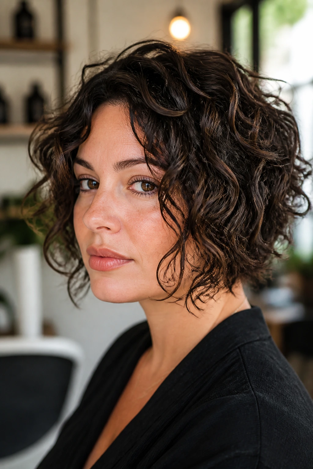 Close-up of a real woman with curly bob featuring longer front pieces