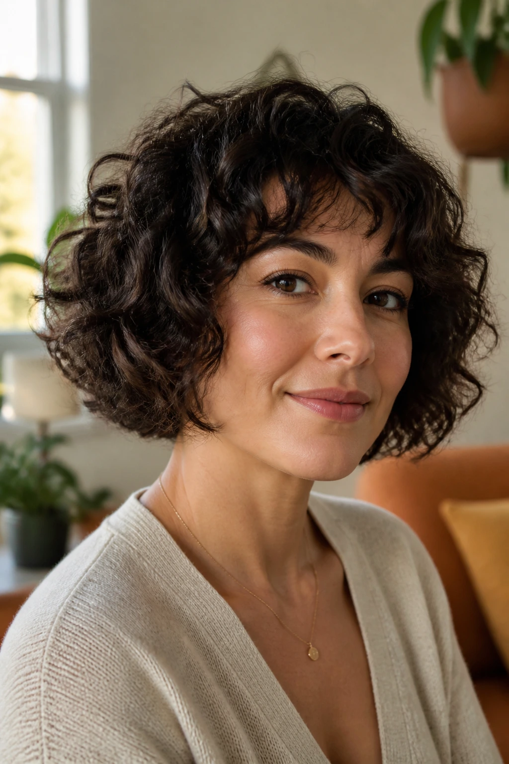Close-up of a real woman with curly choppy bob in a cozy living room