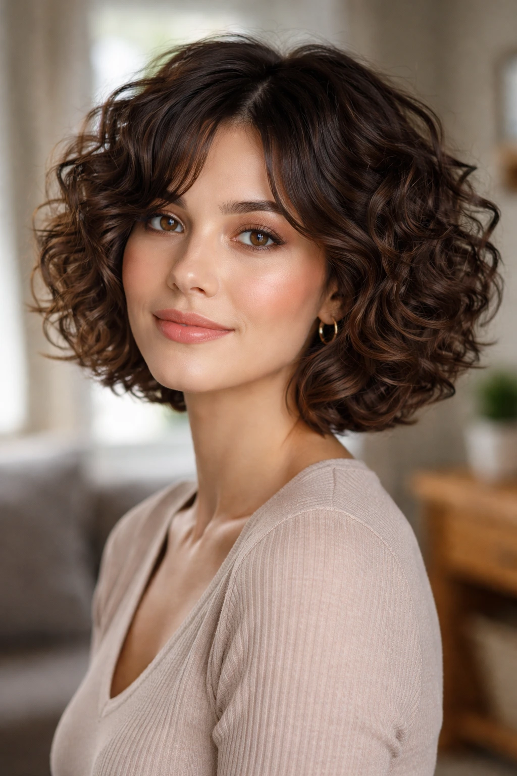 Close-up portrait of a real woman with curly layered bob in natural living room light