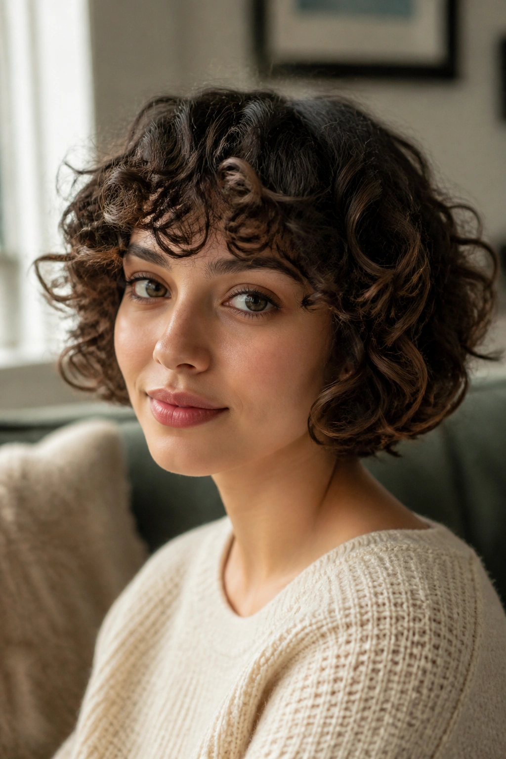 Close-up portrait of a girl with a curly bob in natural daylight