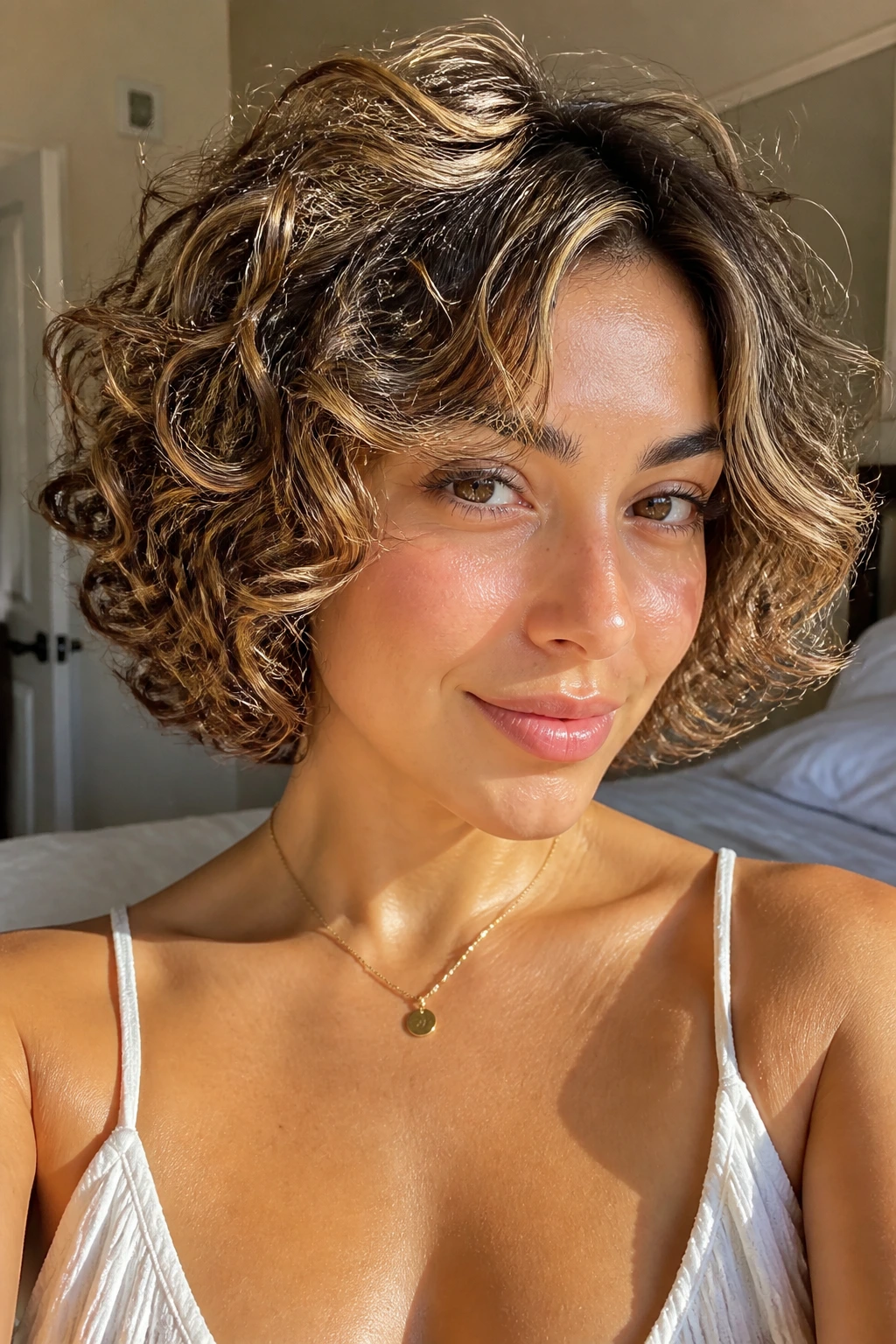 Portrait of a real woman with curly bob and crown highlights