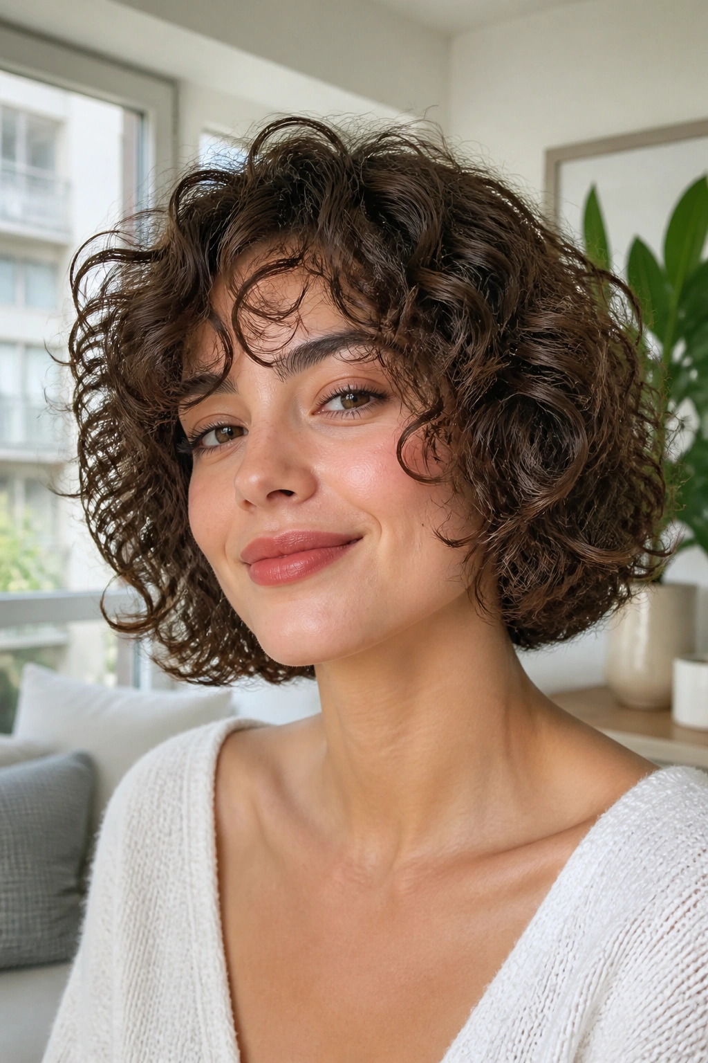 Close-up portrait of a real woman with curly bob and internal layers, natural light.