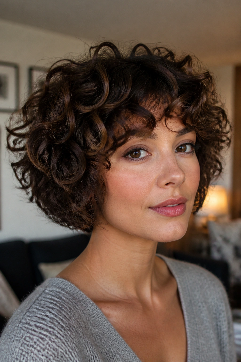 Close-up portrait of a real woman with curly bob and internal layers in natural window light