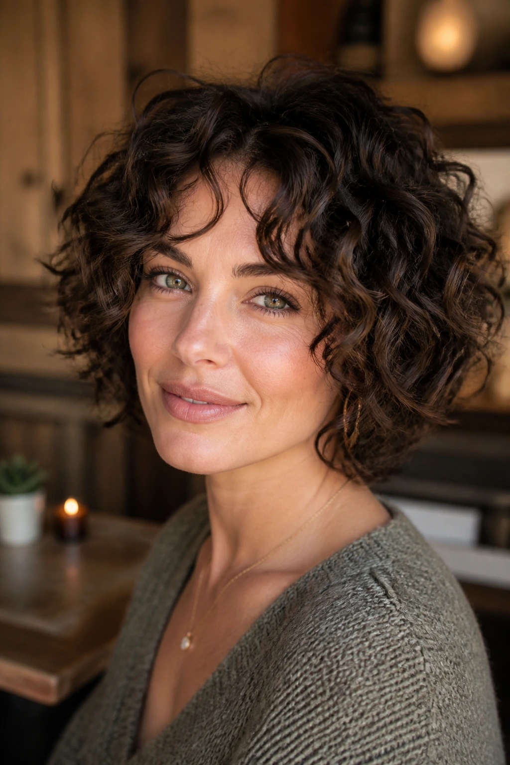 Portrait of a person with a curly bob showing internal layers and defined curls
