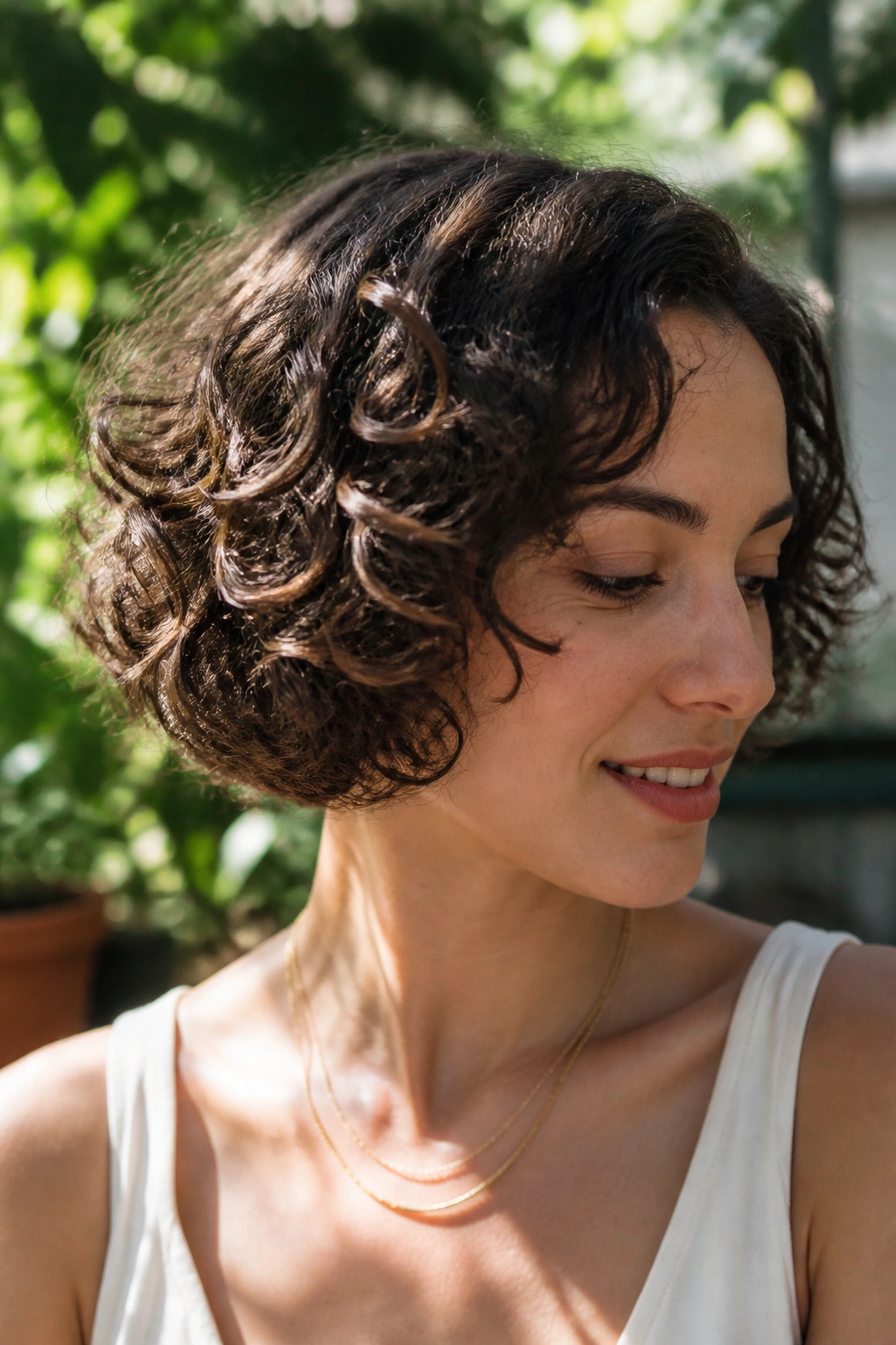 Close-up portrait of a real woman with a curly bob and soft internal layers