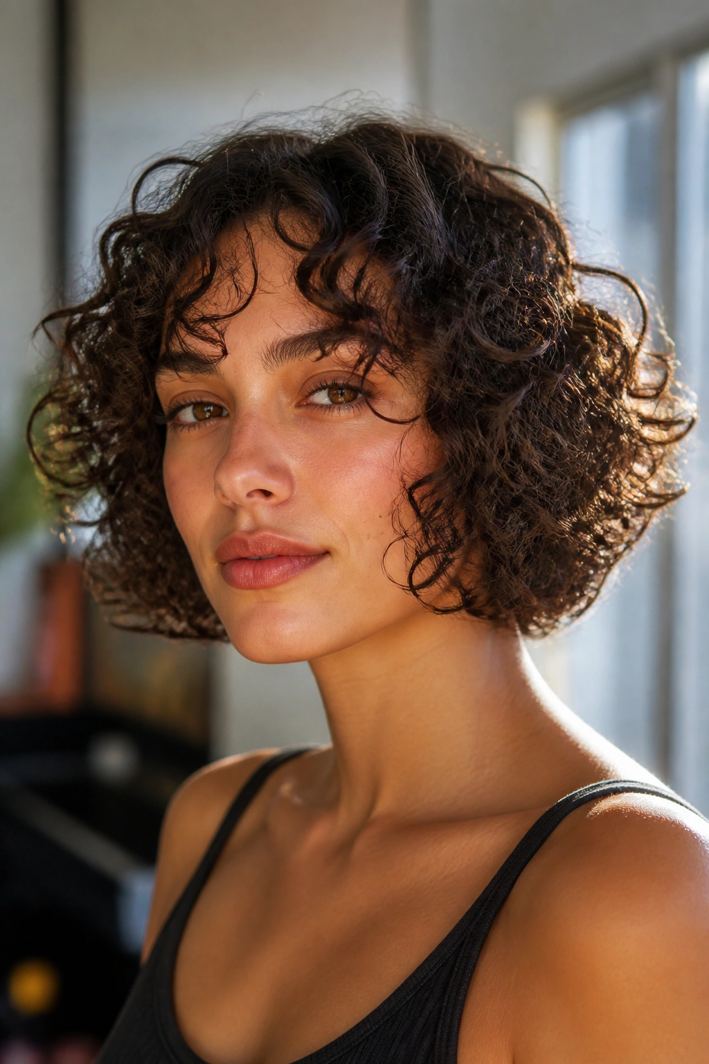 Close-up portrait of a real woman with a curly bob at the jawline in natural window light