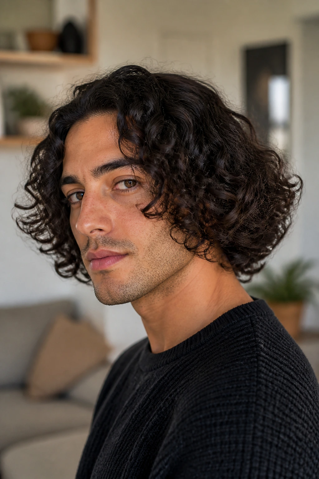 Man with curly bob portrait in a cozy living room.