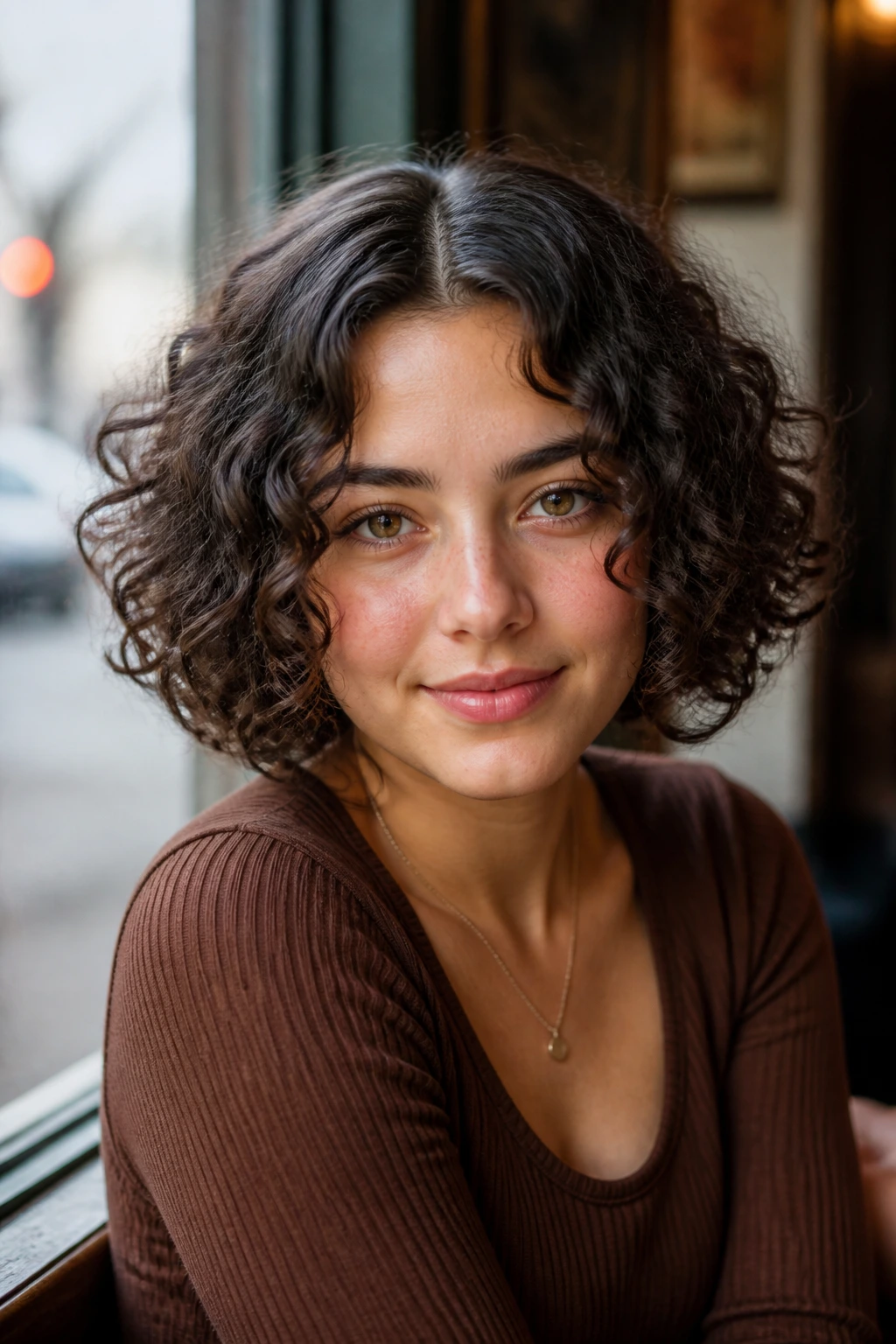 Close-up of a real woman with a middle-part curly bob framing the face