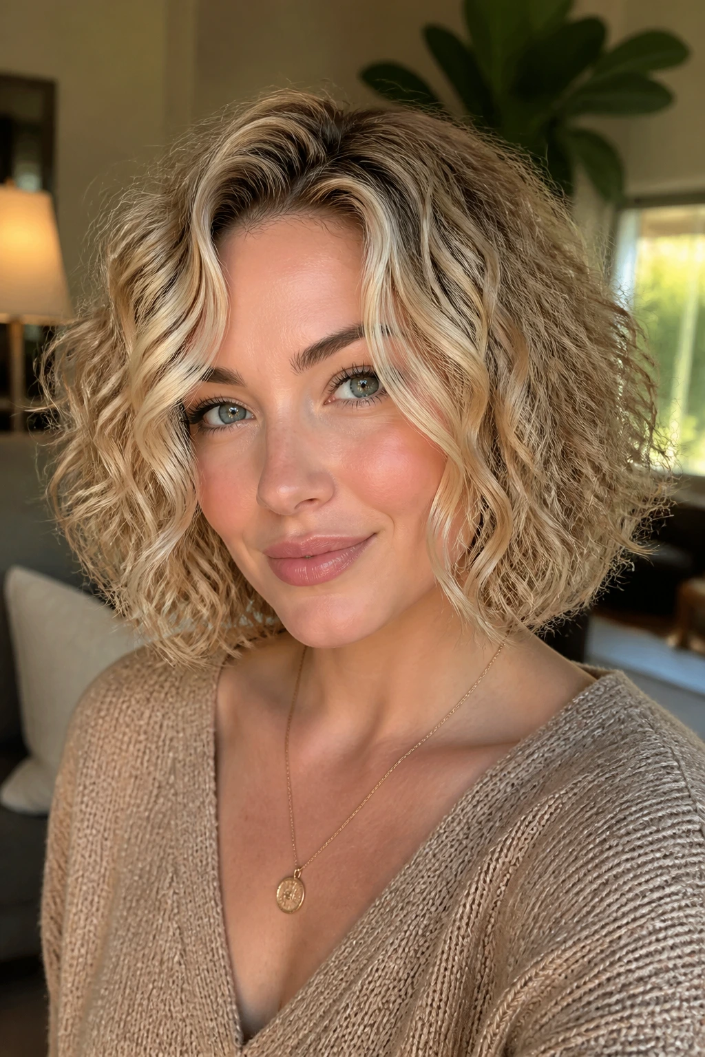 Close-up of a real woman with curly blonde bob and money-piece highlights framing round face.