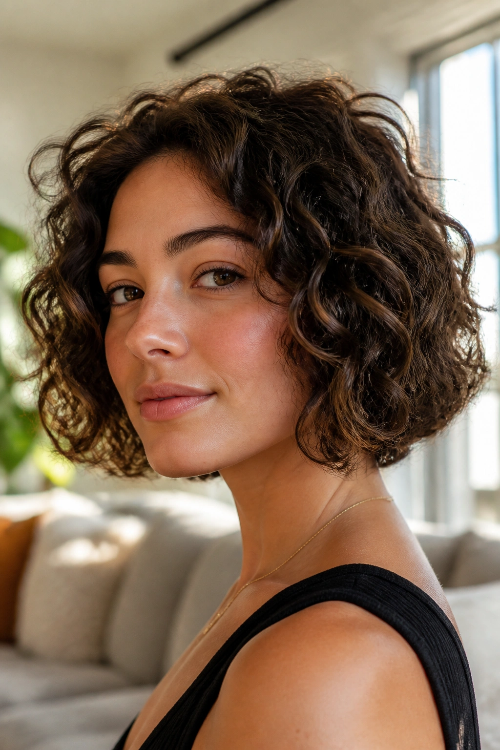 Real person with curly bob at perimeter length in bright living room light