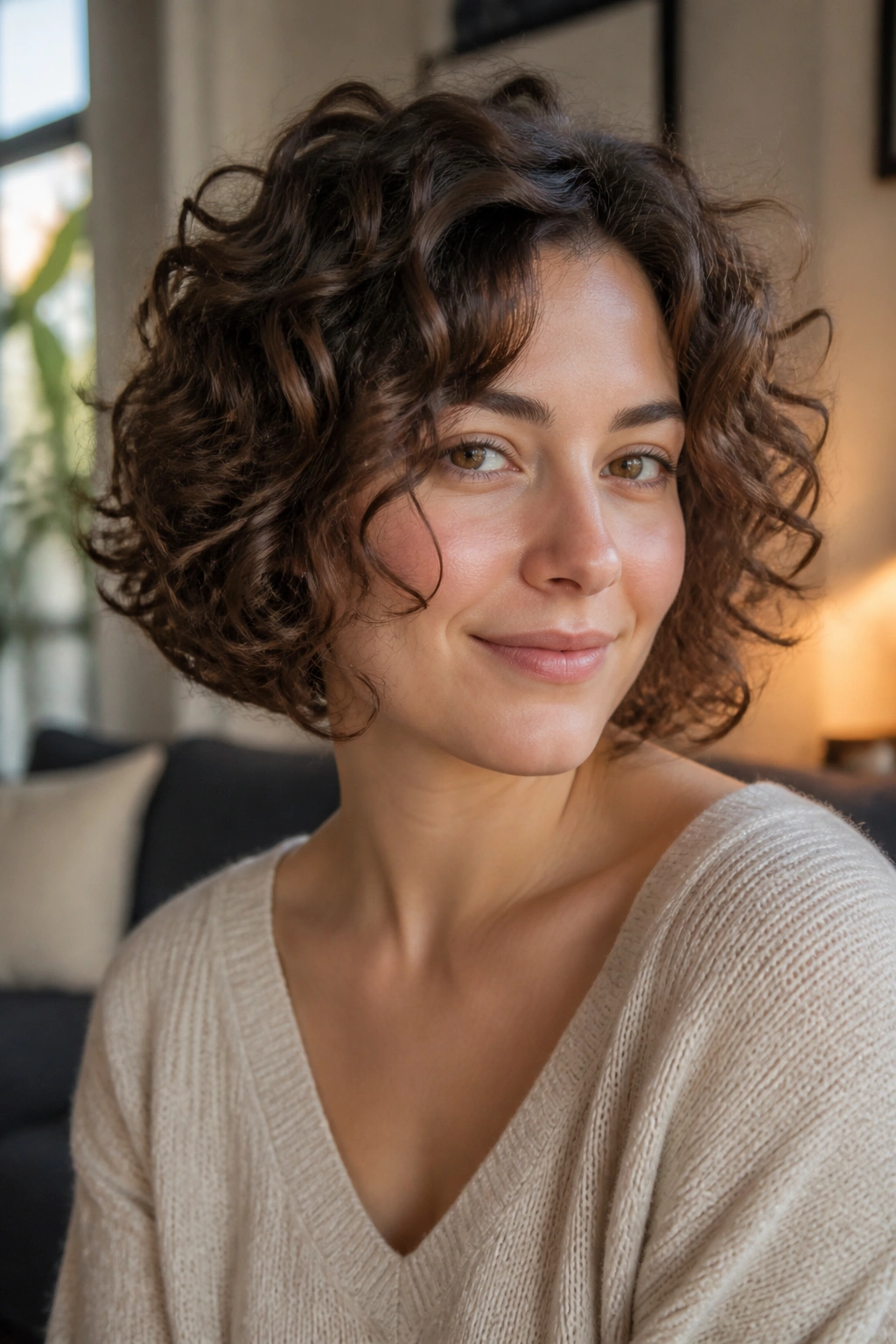 Close-up portrait of a real woman with curly bob for round faces, jaw-sweeping curls and soft expression