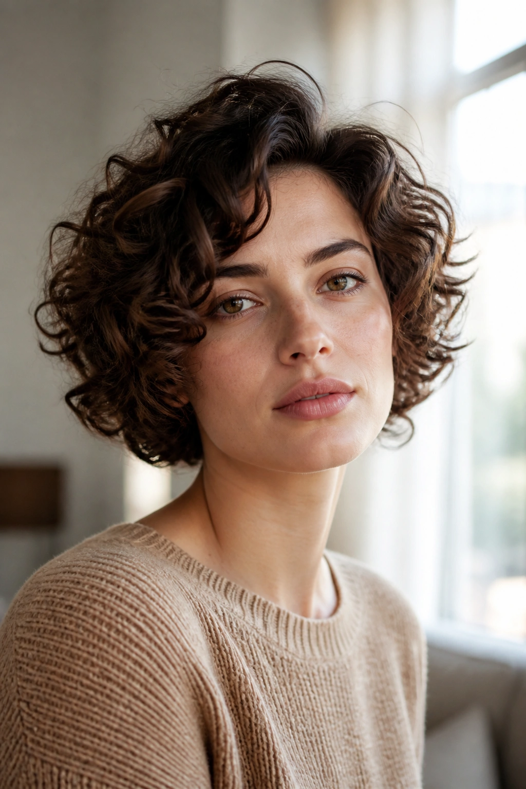 Close-up of a real woman with a curly bob and lifted crown.
