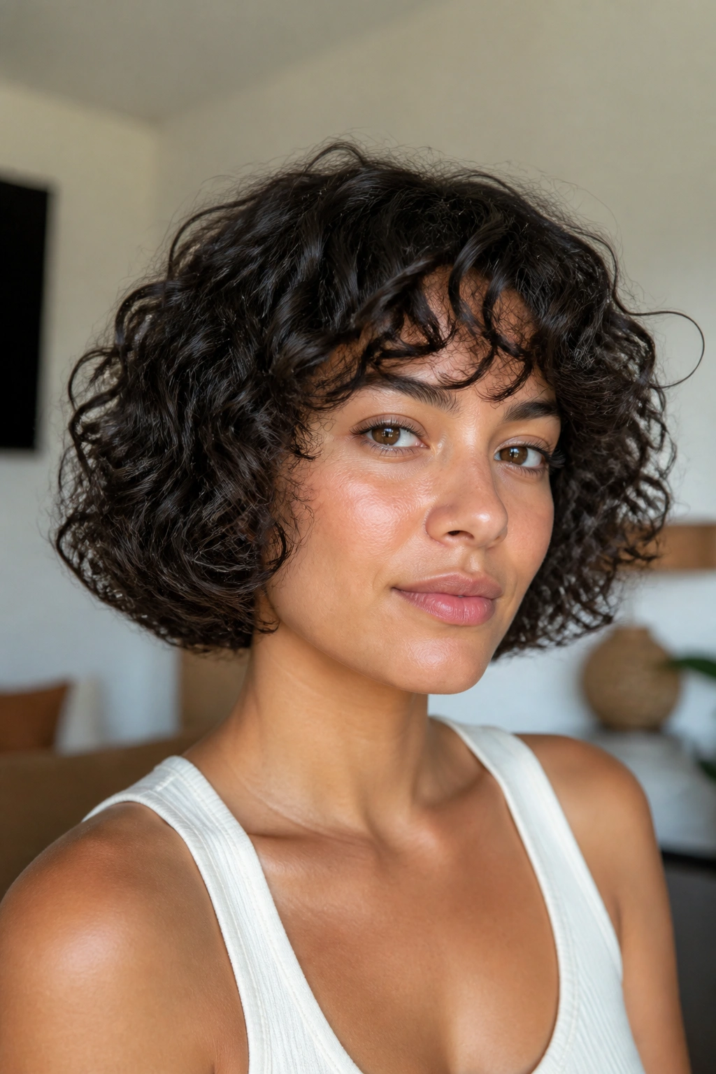 Close-up of a real woman with a curly bob in a softly lit living room