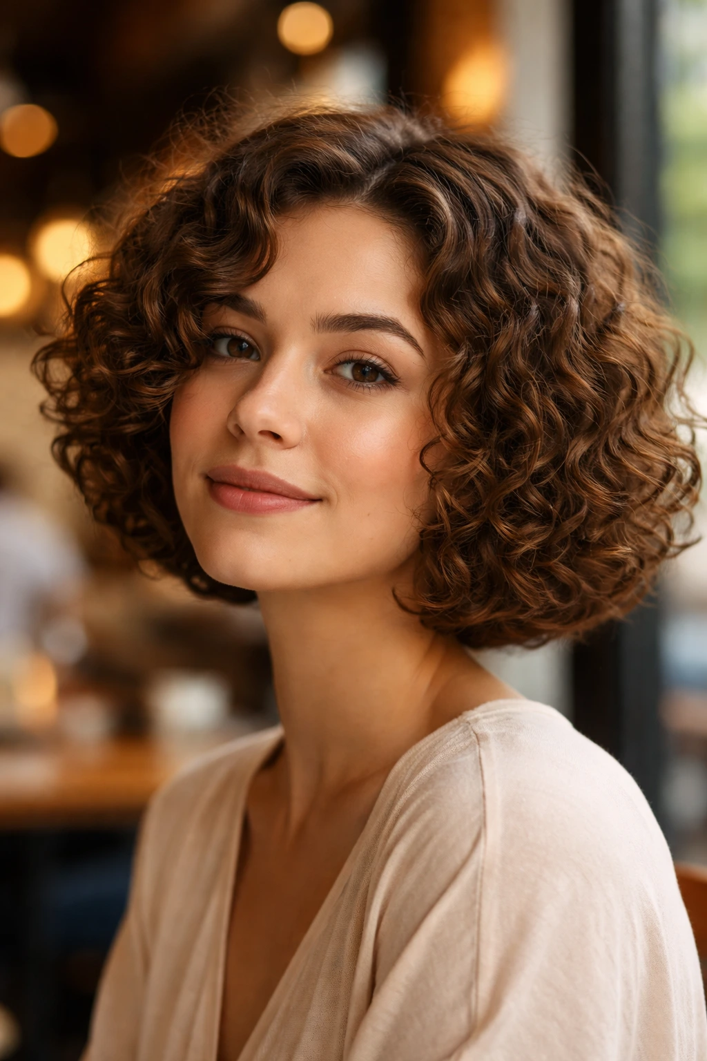 Close-up of real woman with jaw-length curly bob under warm window light