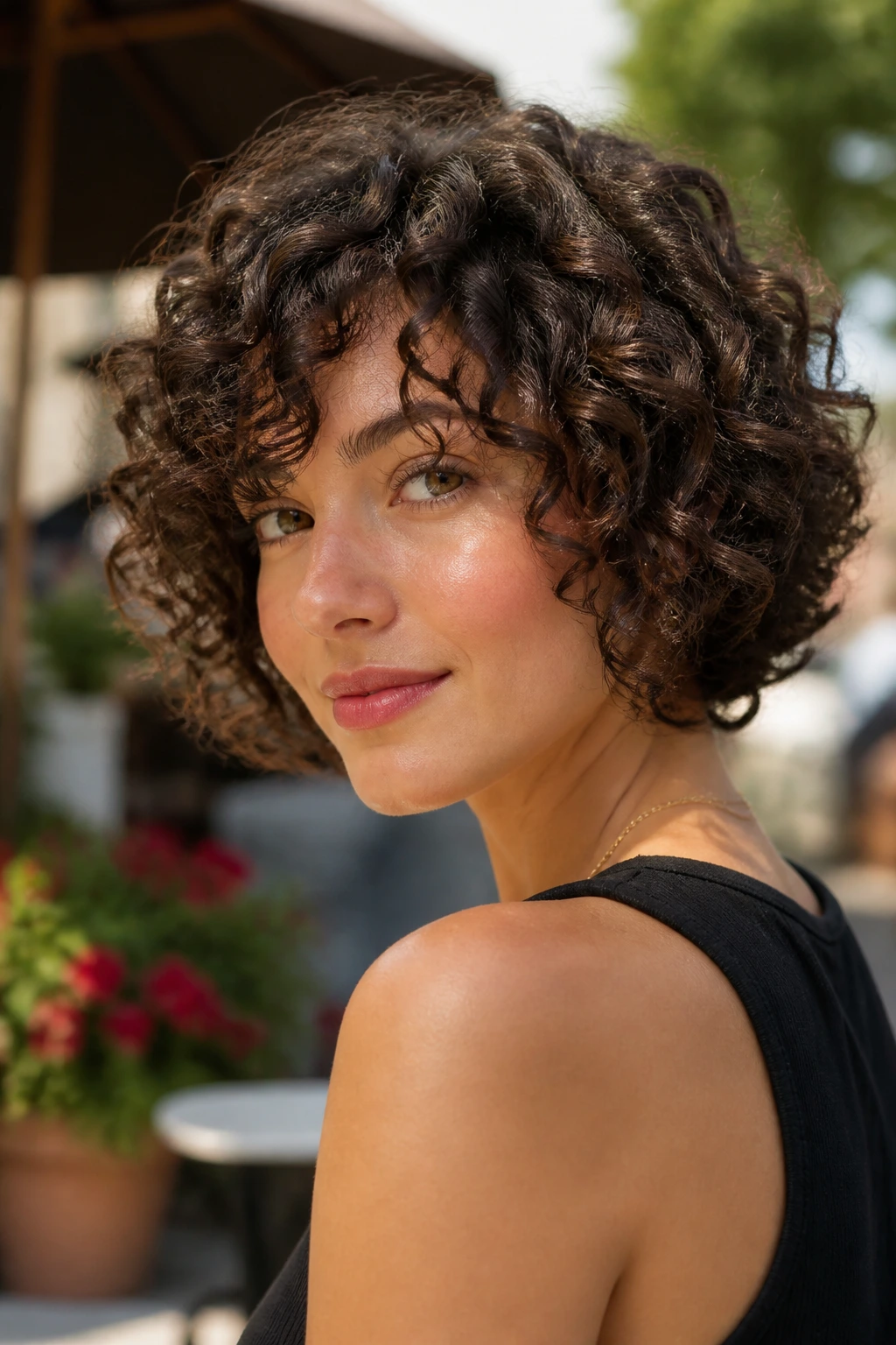 Close-up portrait of a real woman with curly bob in daylight showcasing curl pattern