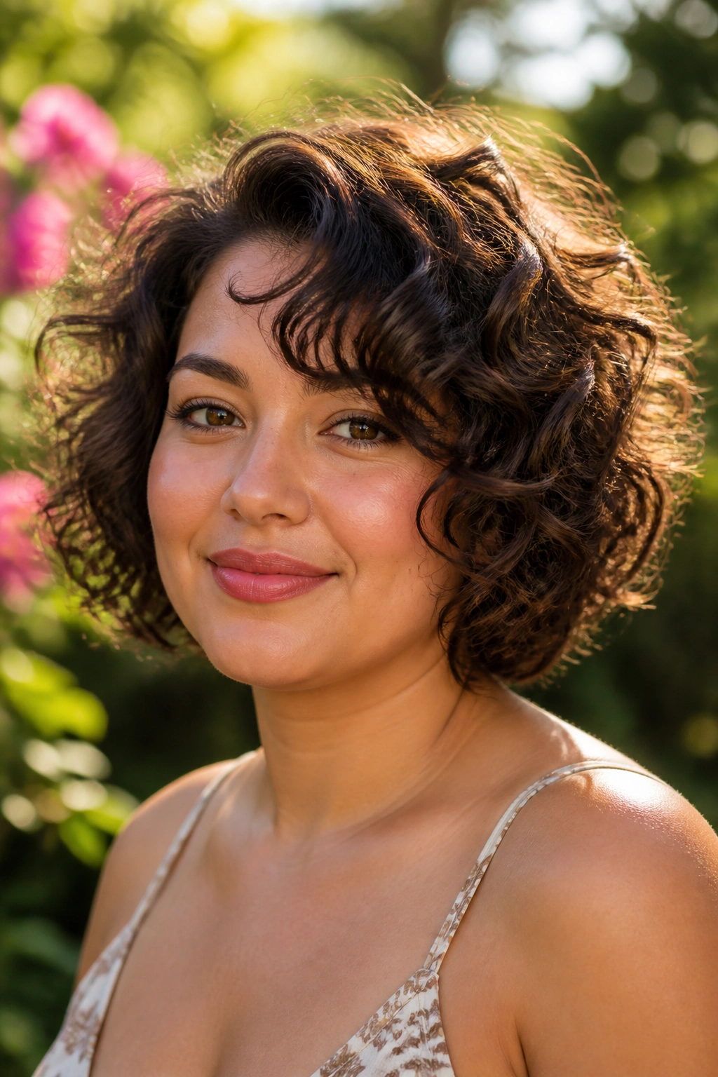 Close-up of a real woman with a curly layered bob flattering a round face