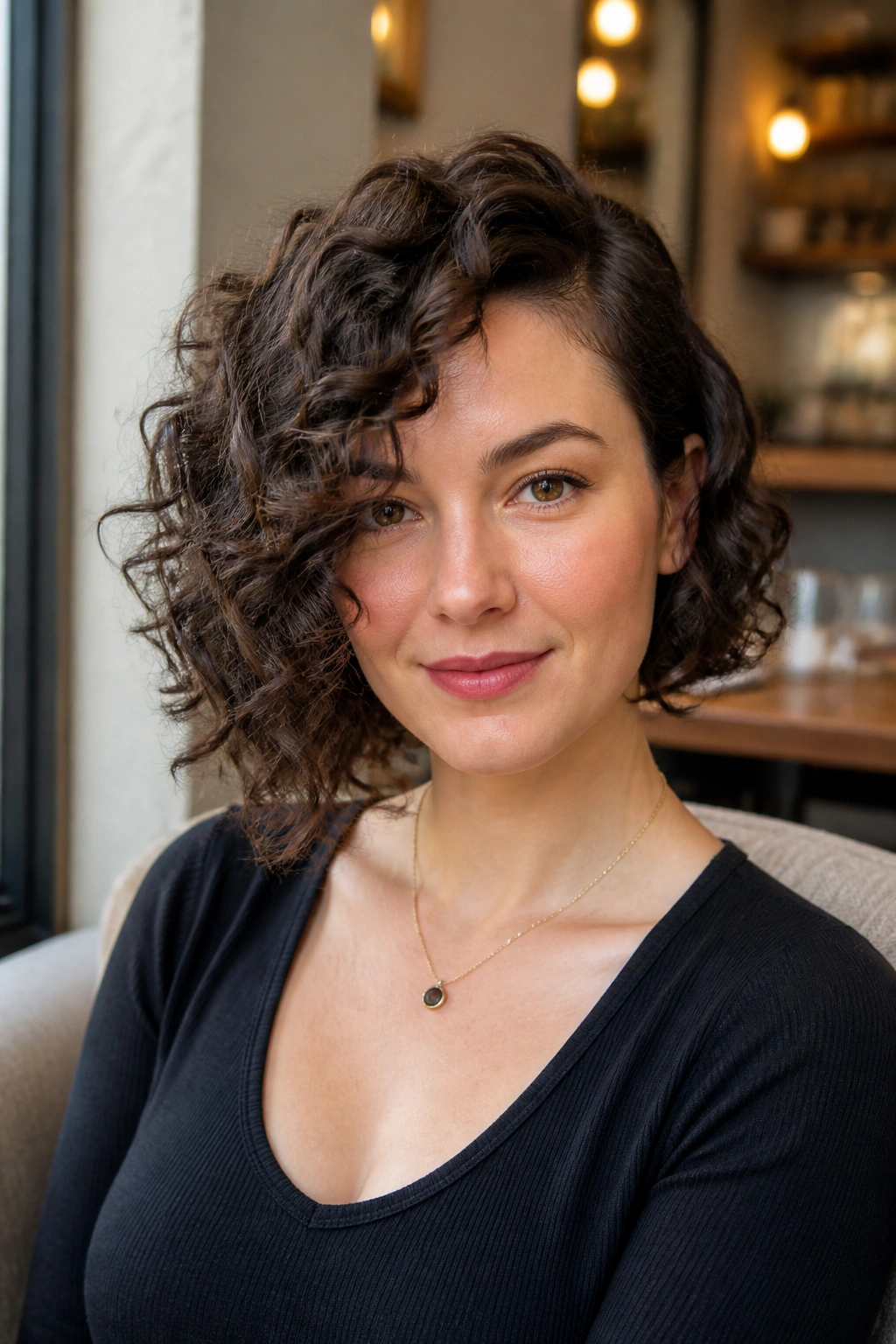 Close-up of a real person with curly side-part bob and off-center part.