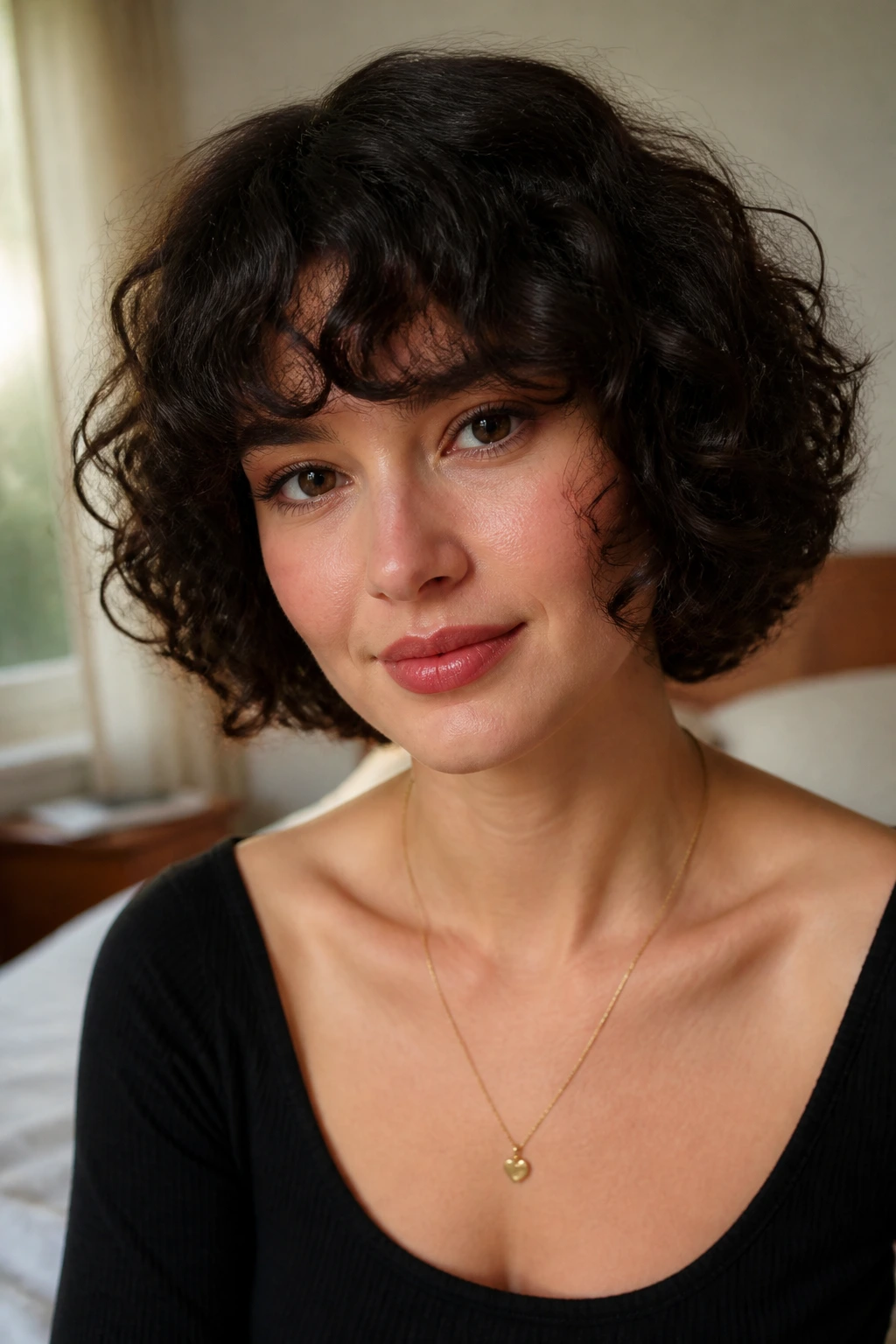 Close-up portrait of a real woman with curly bob and mid-cheek rounded bangs