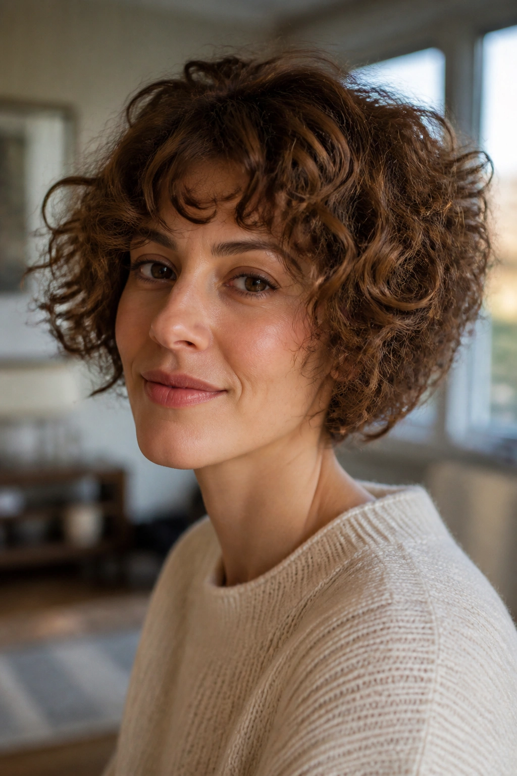 Close-up of a woman with a curly choppy bob rounded shape