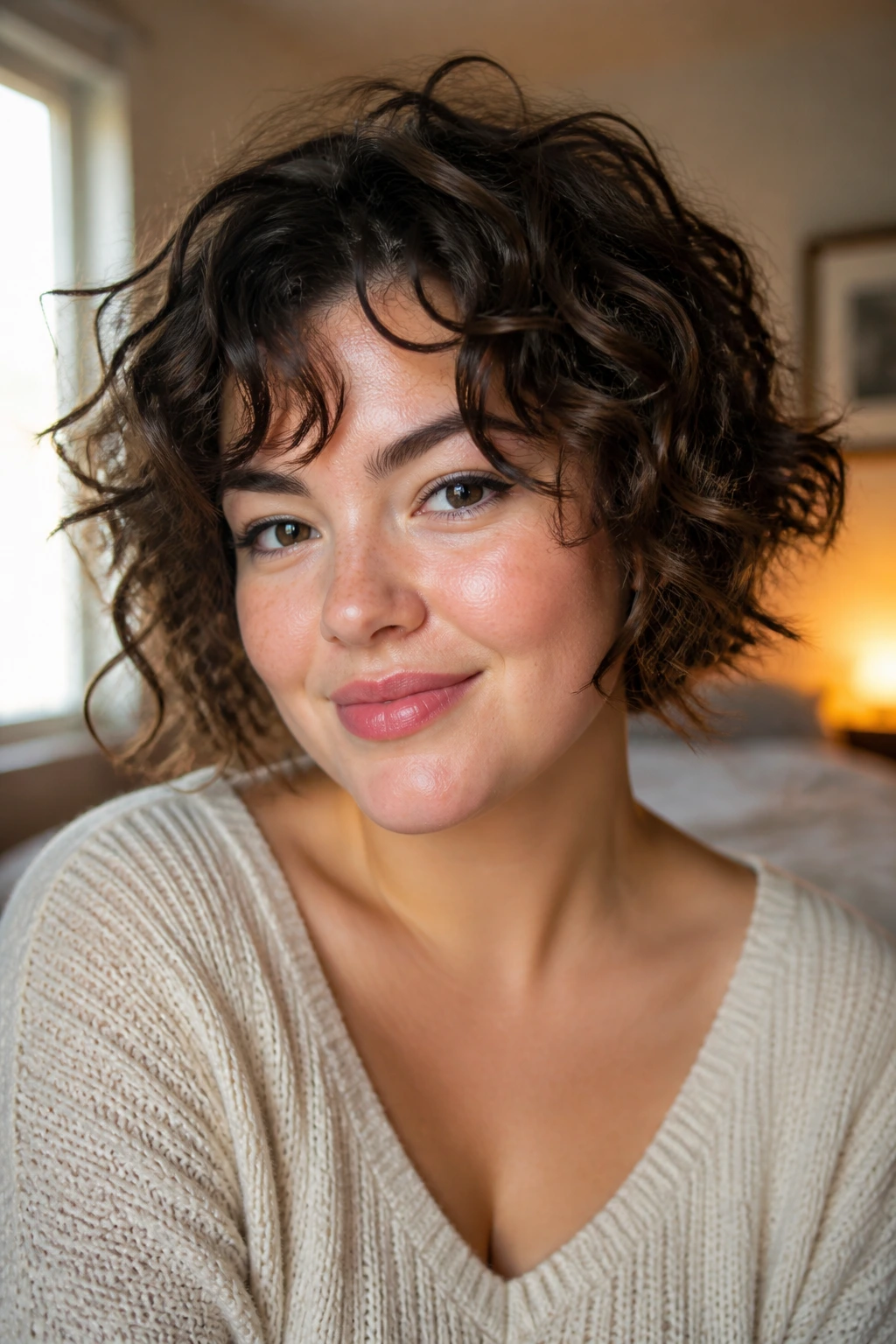 Close-up portrait of a real woman with a curly choppy bob on a round face