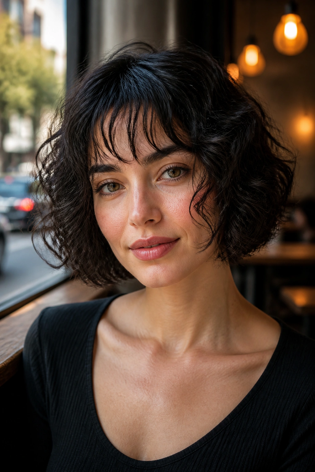 Close-up of a real woman with brow-skimming curly bob and see-through bangs.
