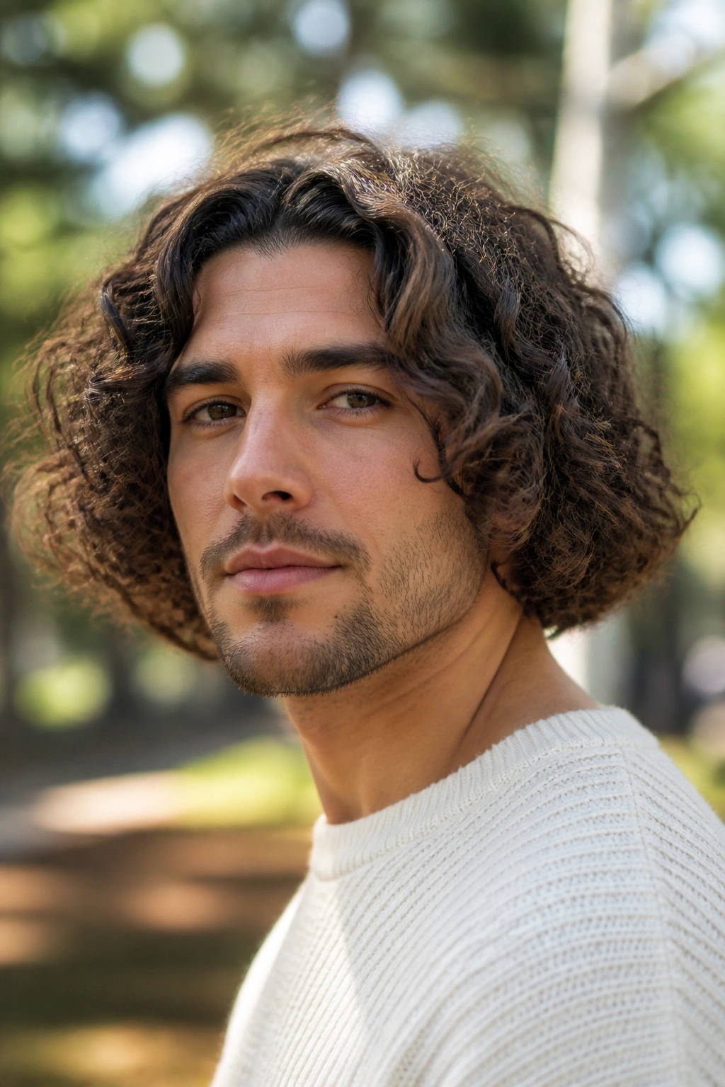 Close-up of a man with a curly bob in a park setting