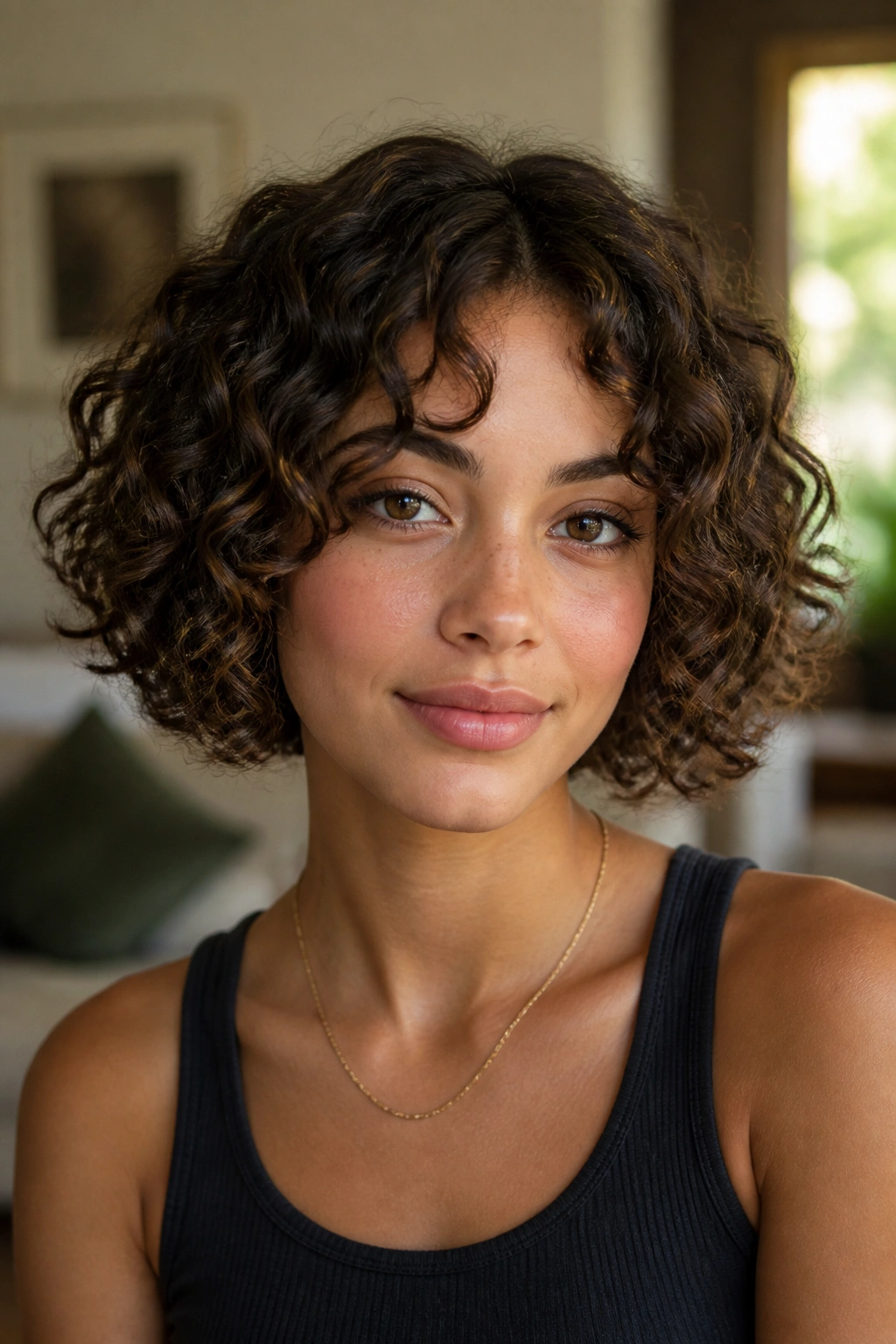 Close-up portrait of a real girl with chin-length curly bob and defined curls