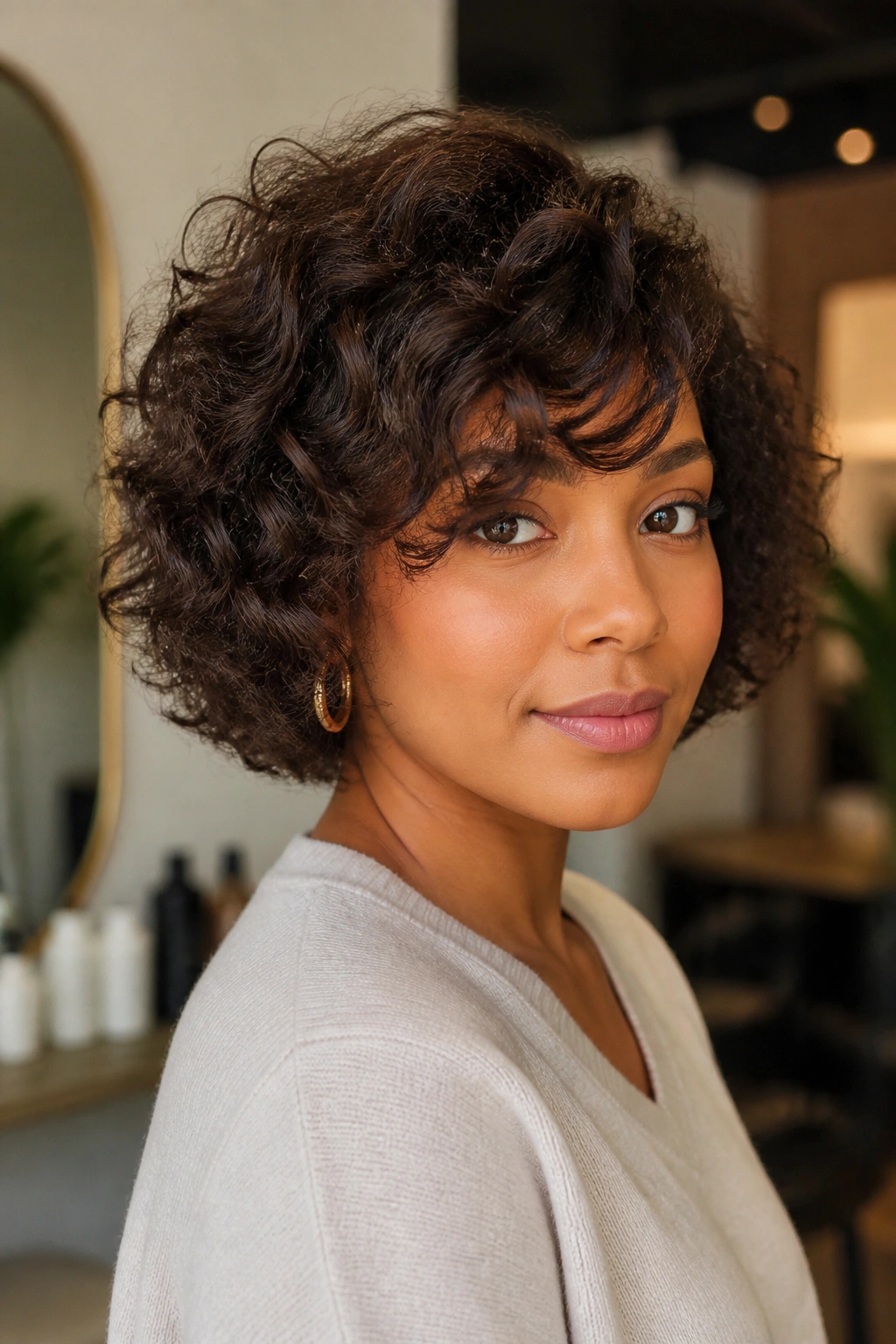 Close-up of a real person with chin-length curly bob and side bangs