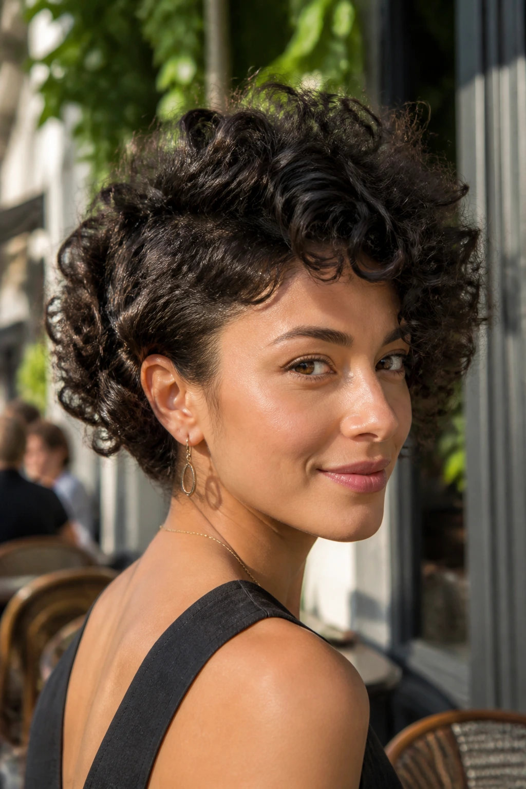 Close-up of a real woman with Curly Bob With Removed Side Bulk haircut