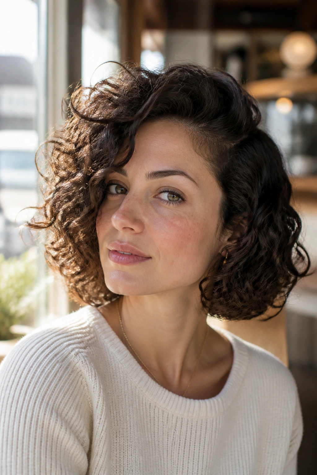 Close-up of a real woman with a curly bob flipped to one side in natural light