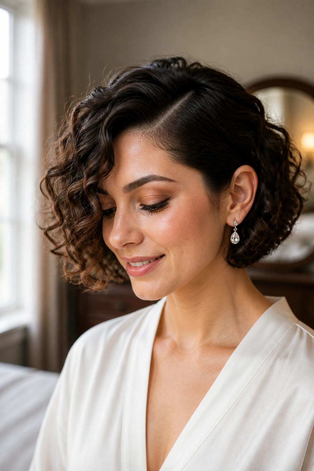 Close-up of a curly bob with a defined side part on a real person
