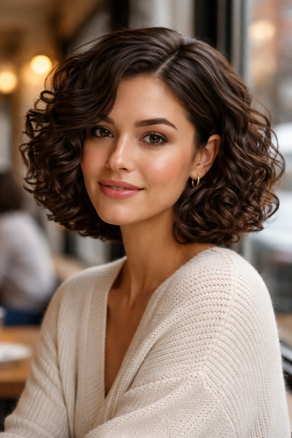 Close-up of chocolate curly bob with side part on a real person