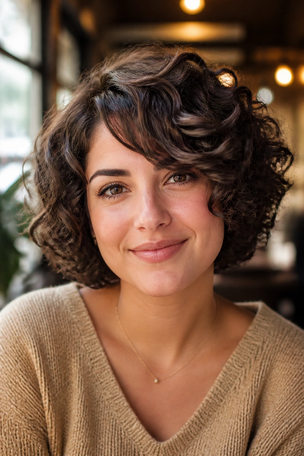 Portrait of a real woman with curly bob and side-swept bangs
