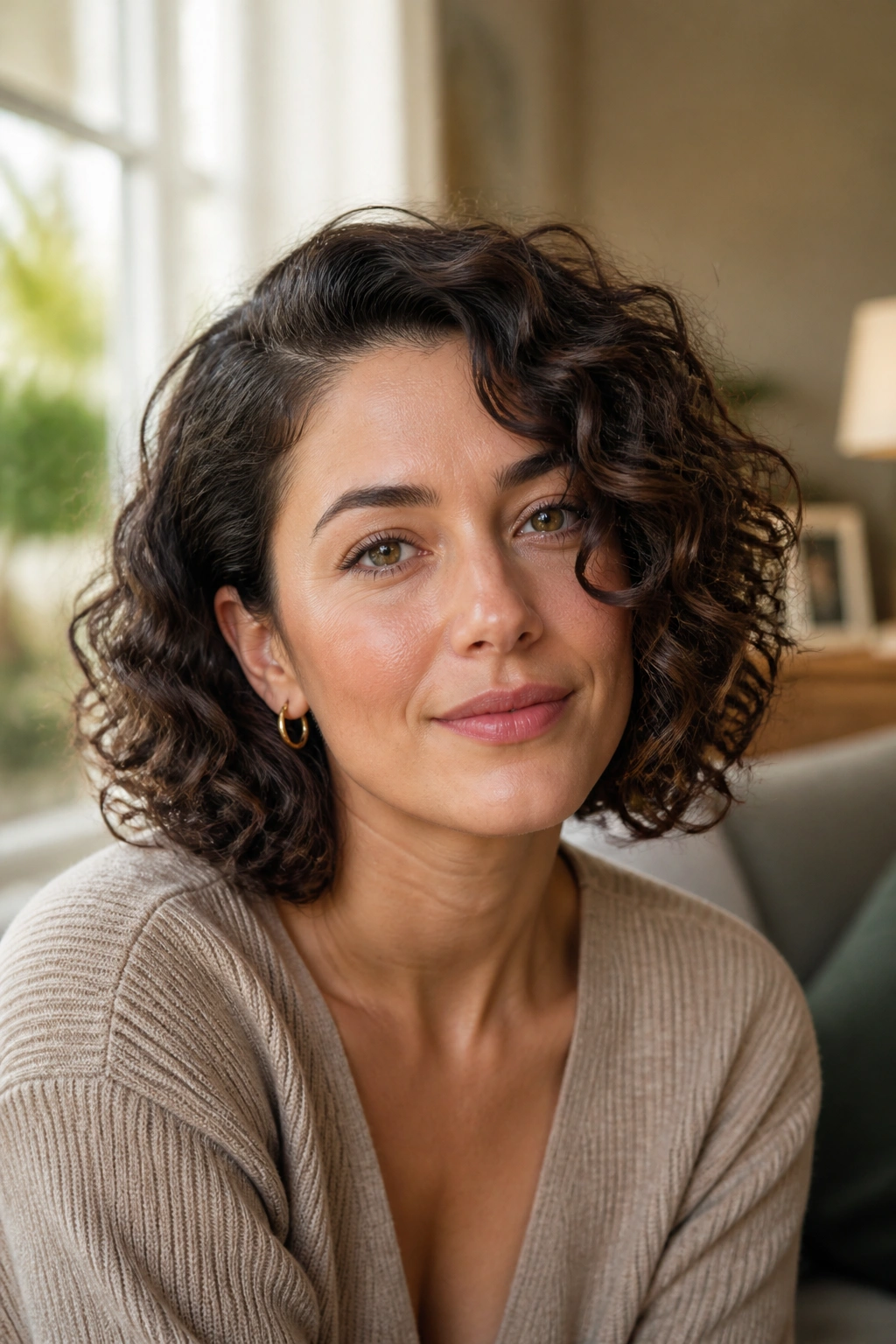 Close-up of a real woman with a curly bob and side part, curls falling below the jaw.