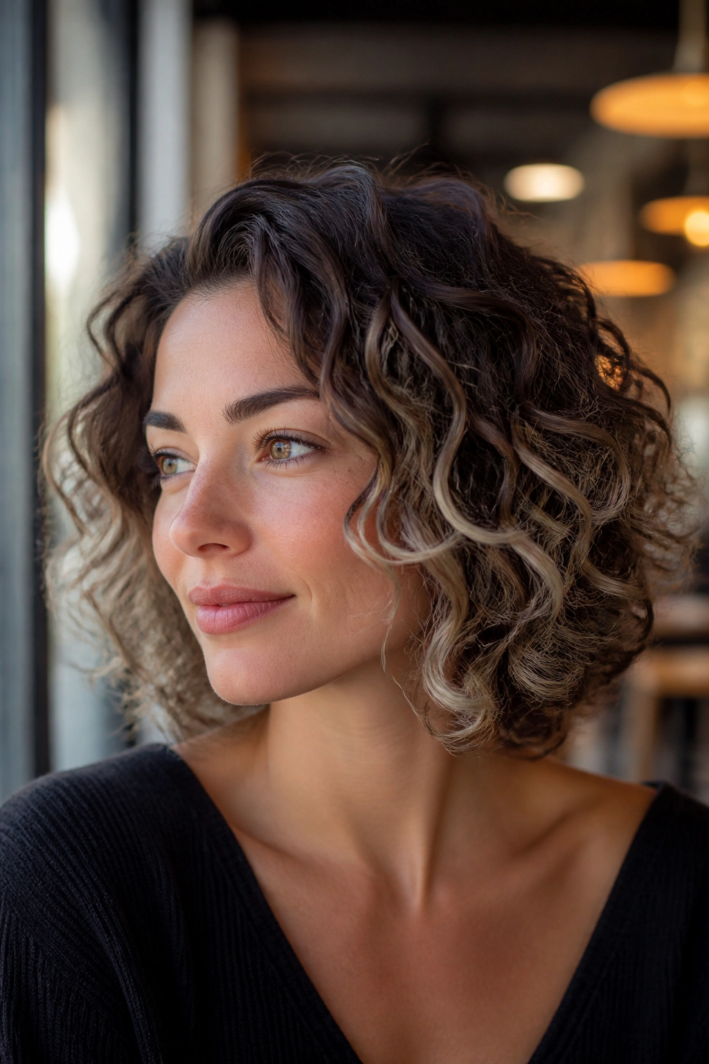 Close-up of curly bob with smoky silver tips on the ends.