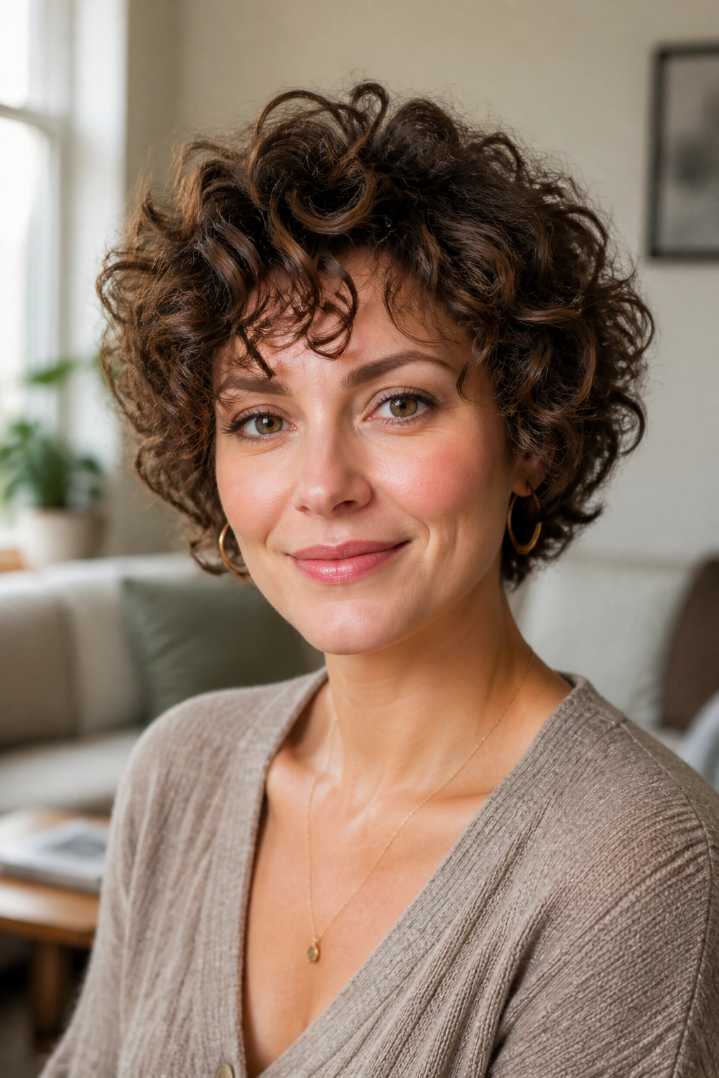 Close-up portrait of a real woman with a tapered curly bob