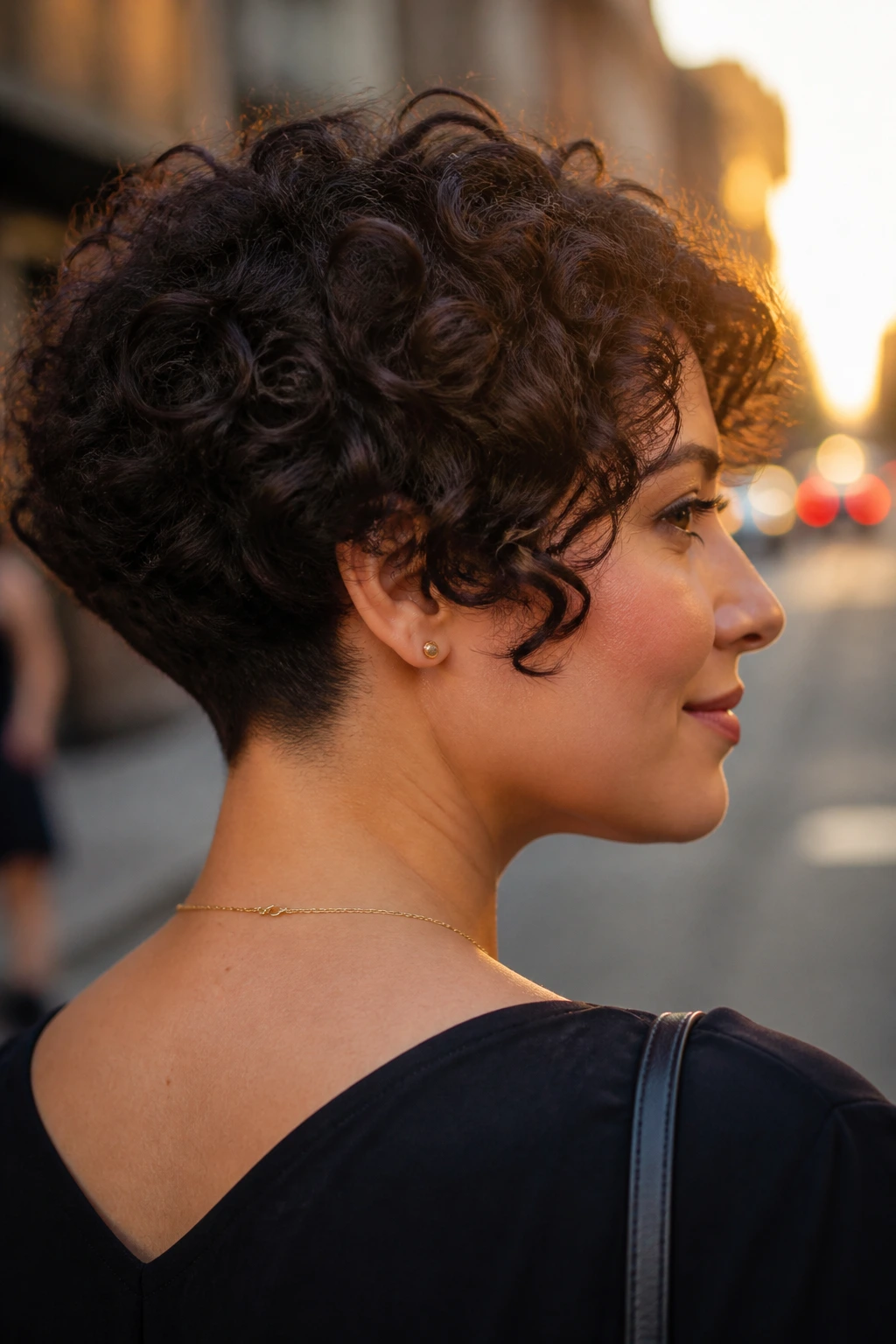 Three-quarter rear view of a real woman with tapered-back curly bob