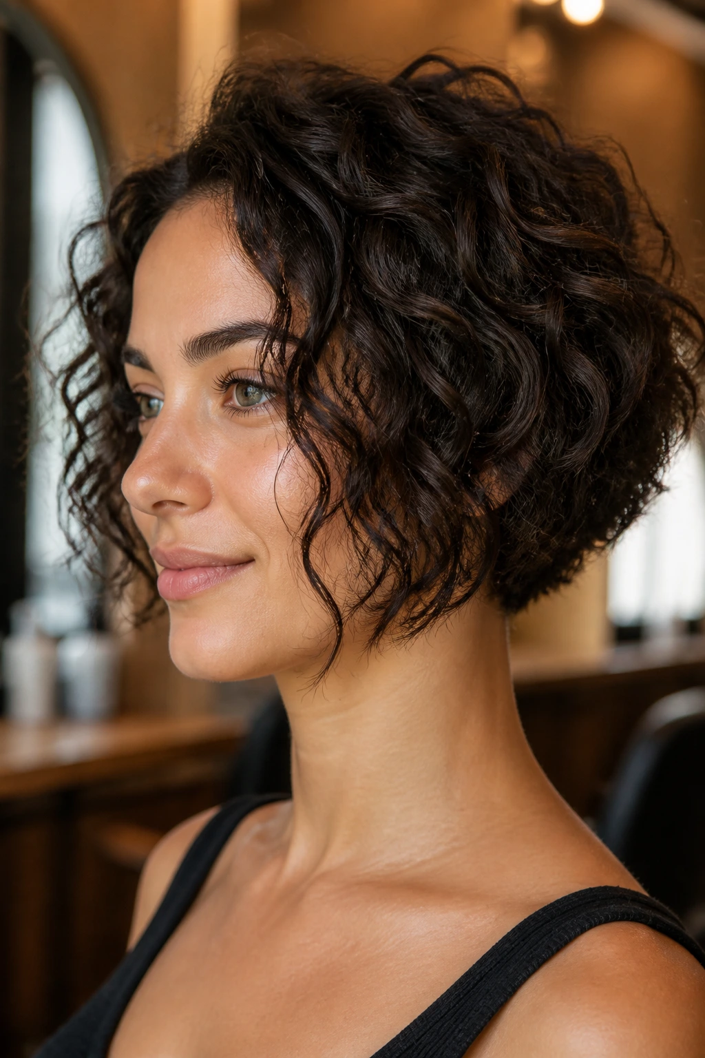 Close-up portrait of a real woman wearing a face-framing curly bob with tapered nape