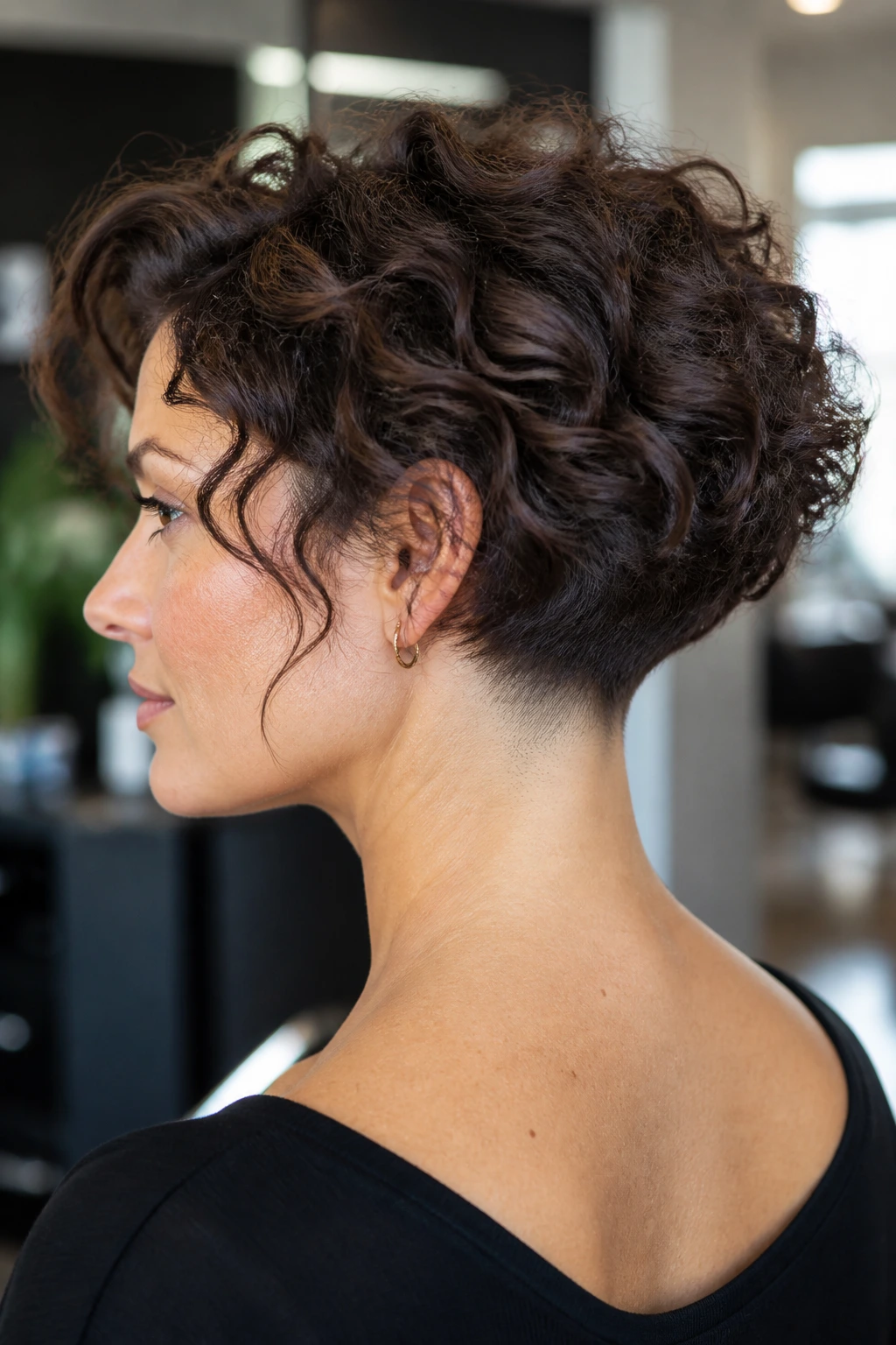 Close-up of a real woman with a curly bob and a tapered nape showing a shaved neck line