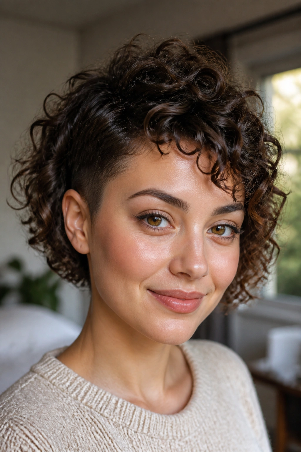 Close-up of real woman with curly bob and tapered sides